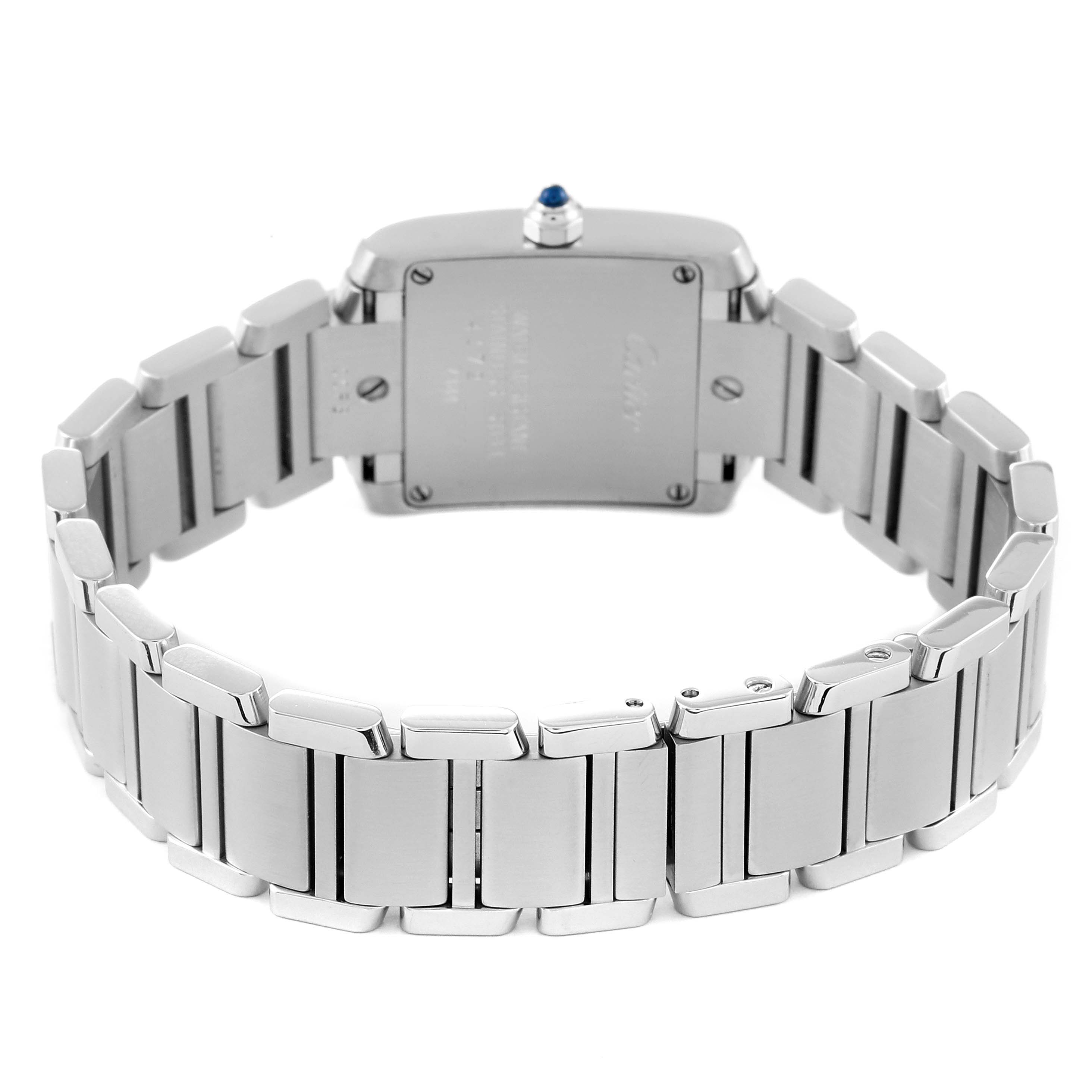 The image shows the back view and bracelet of the Cartier Tank Francaise W51008Q3 Women
s Stainless Steel Silver Dial W51008Q3 Women
s Stainless Steel Silver Dial watch.