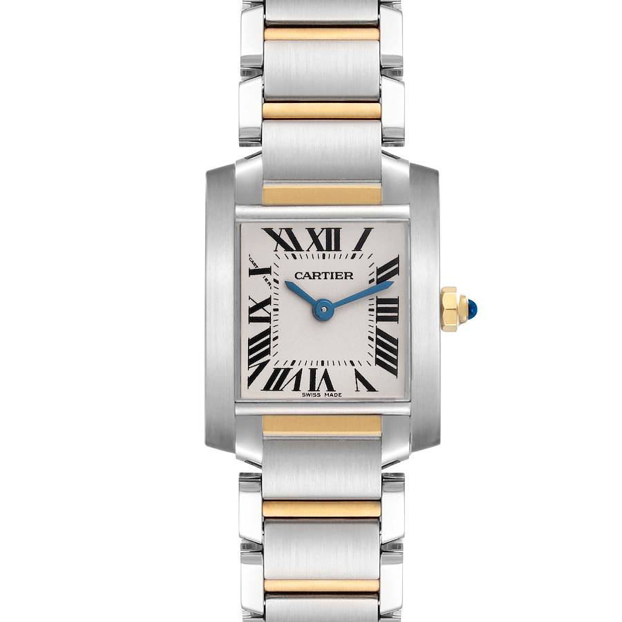 The Cartier Tank Française is shown from a front view, displaying the dial, bezel, crown, and bracelet.