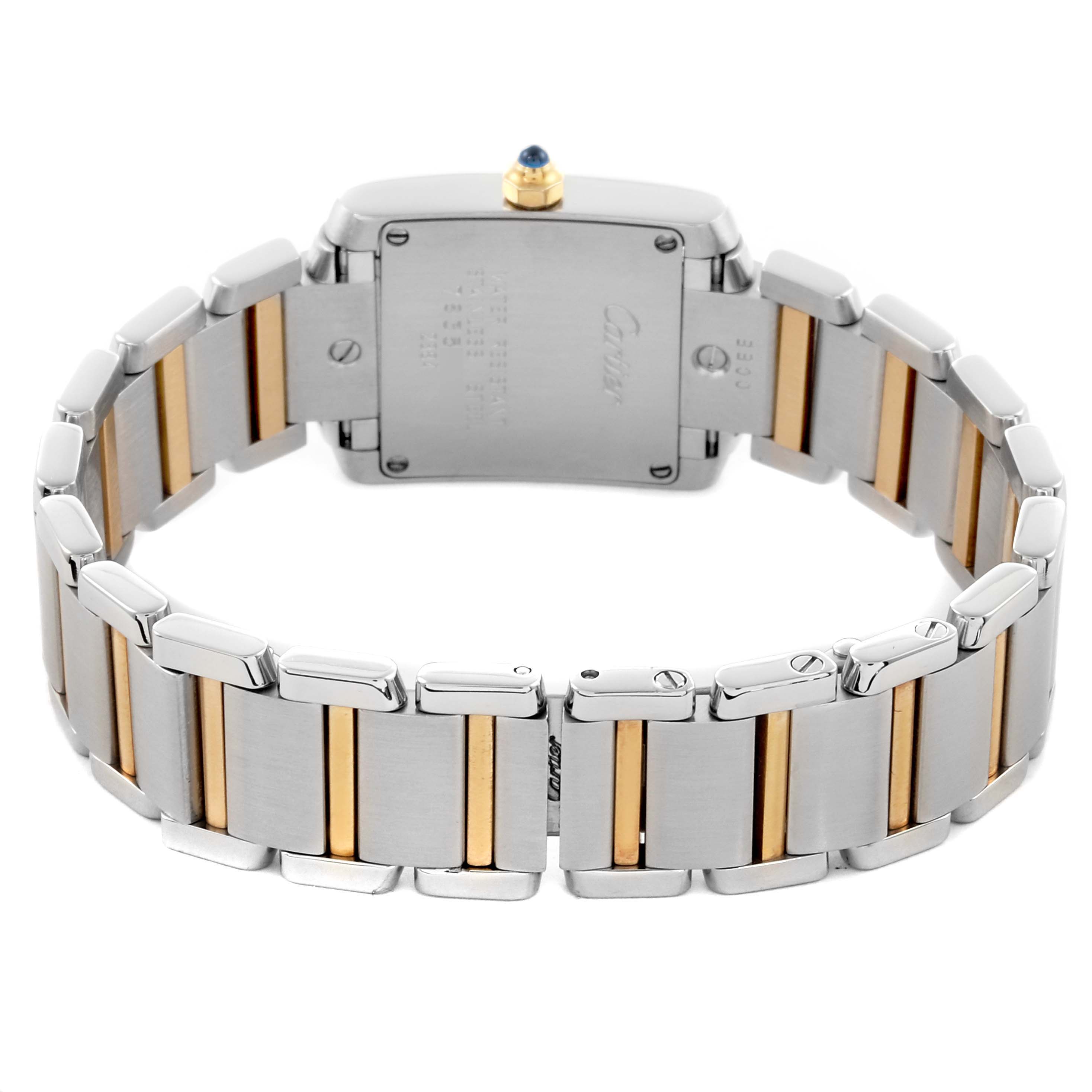 The Cartier Tank Francaise W51007Q4 Women's Steel and Gold (two tone) Silver Dial W51007Q4 Women's Steel and Gold (two tone) Silver Dial watch is shown from the back, highlighting the case back and metal bracelet with gold accents.