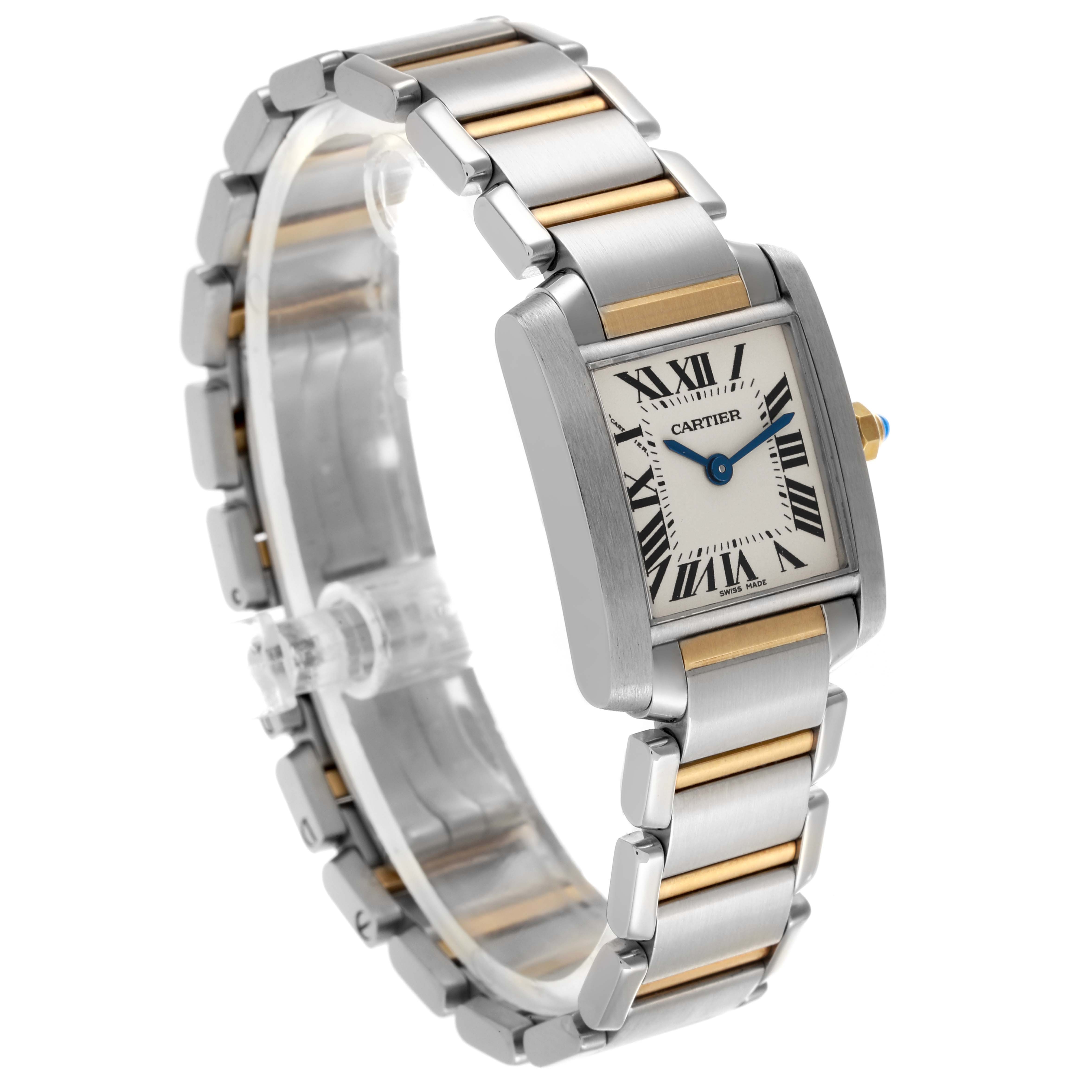 The Cartier Tank Francaise W51007Q4 Women's Steel and Gold (two tone) Silver Dial W51007Q4 Women's Steel and Gold (two tone) Silver Dial watch is shown from a three-quarter angle, displaying the face, crown, and bracelet.