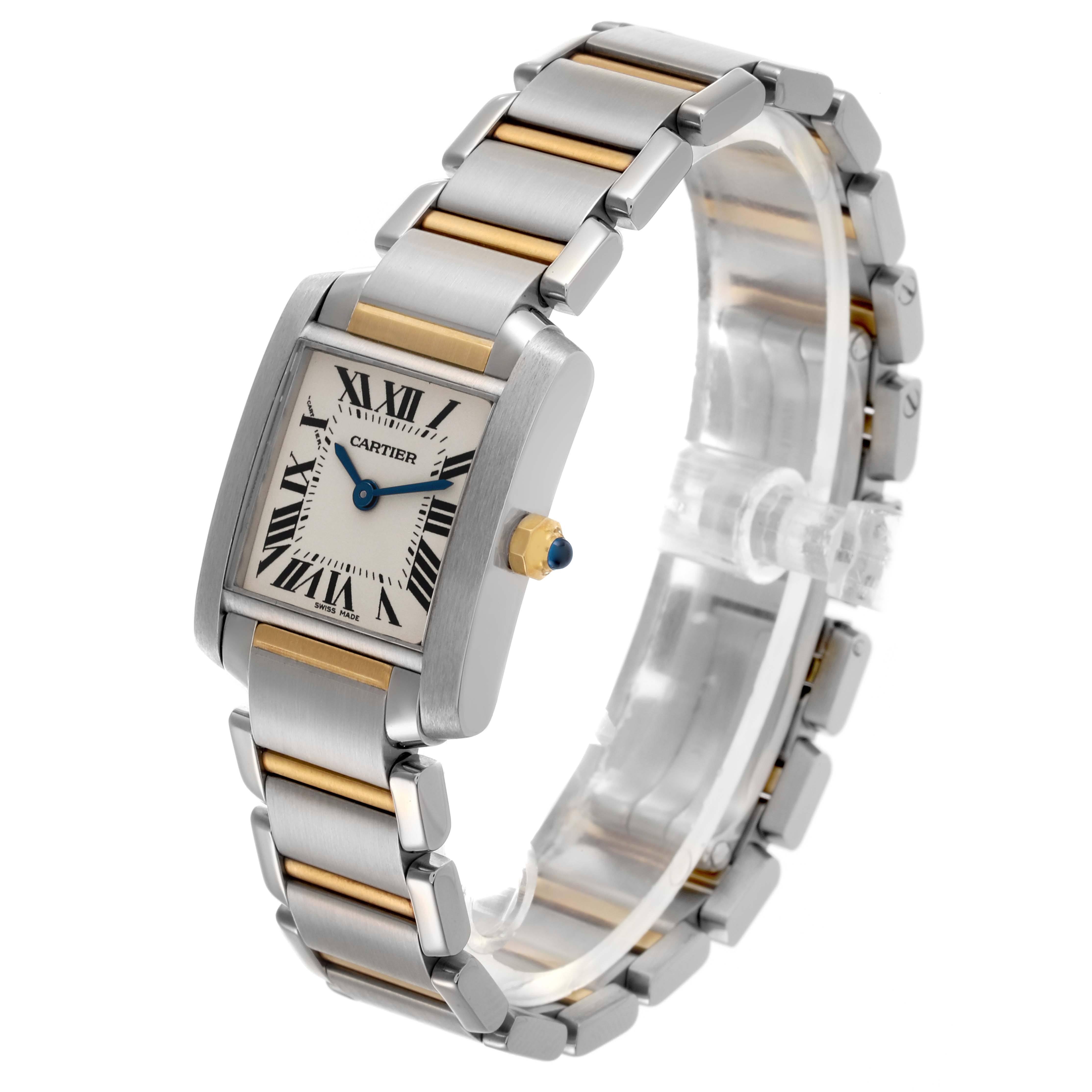 The Cartier Tank Française watch is shown at an angled side view, highlighting its two-tone metal bracelet and rectangular dial.