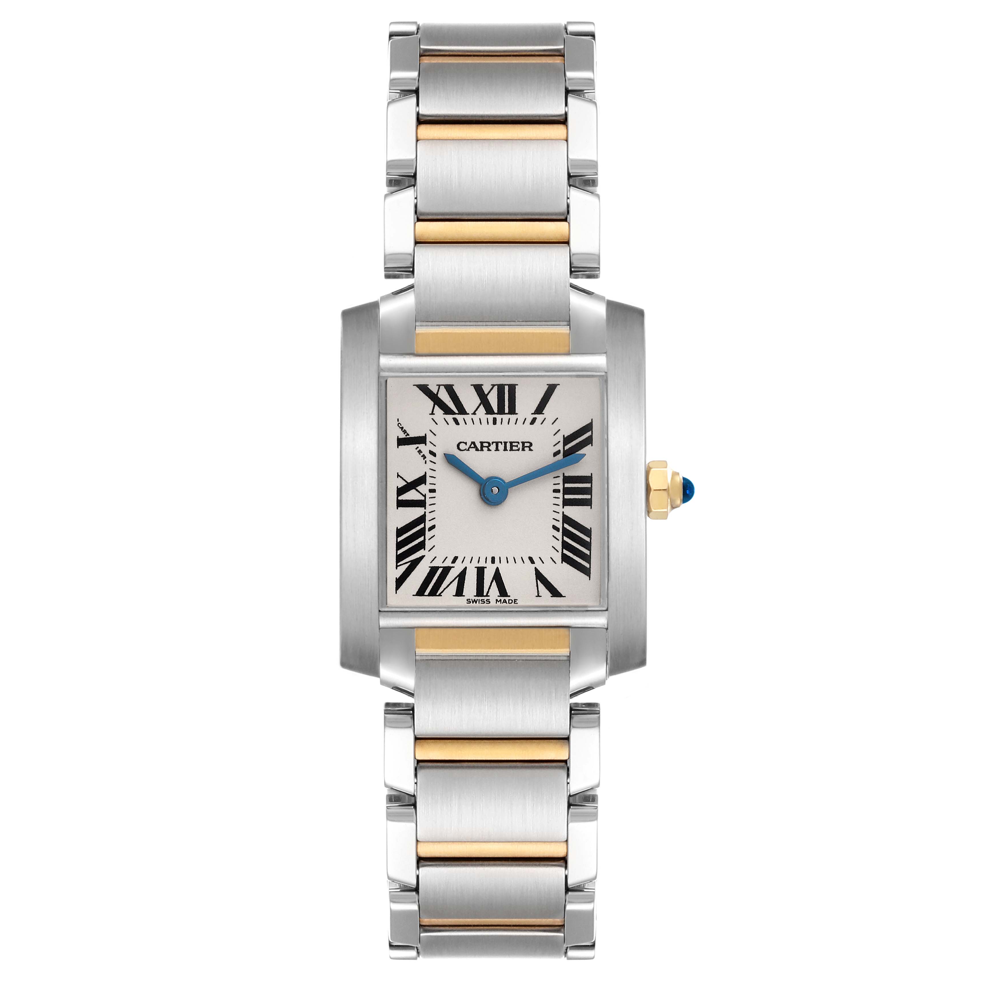 The Cartier Tank Francaise W51007Q4 Women's Steel and Gold (two tone) Silver Dial W51007Q4 Women's Steel and Gold (two tone) Silver Dial watch is shown from a top view, highlighting its two-tone bracelet and rectangular face with Roman numerals.