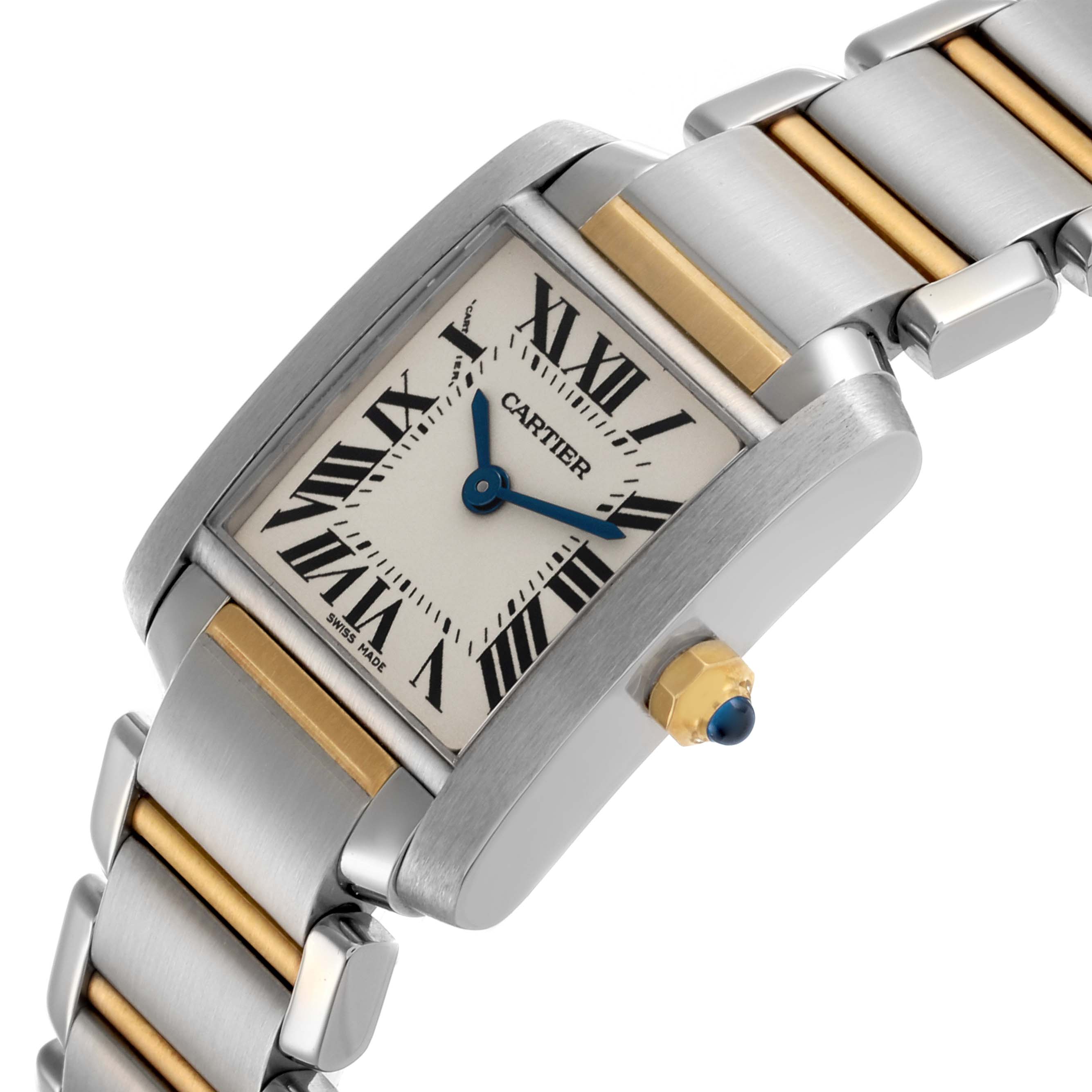 The Cartier Tank Francaise W51007Q4 Women's Steel and Gold (two tone) Silver Dial W51007Q4 Women's Steel and Gold (two tone) Silver Dial watch is angled to show its face, crown, and two-tone bracelet.
