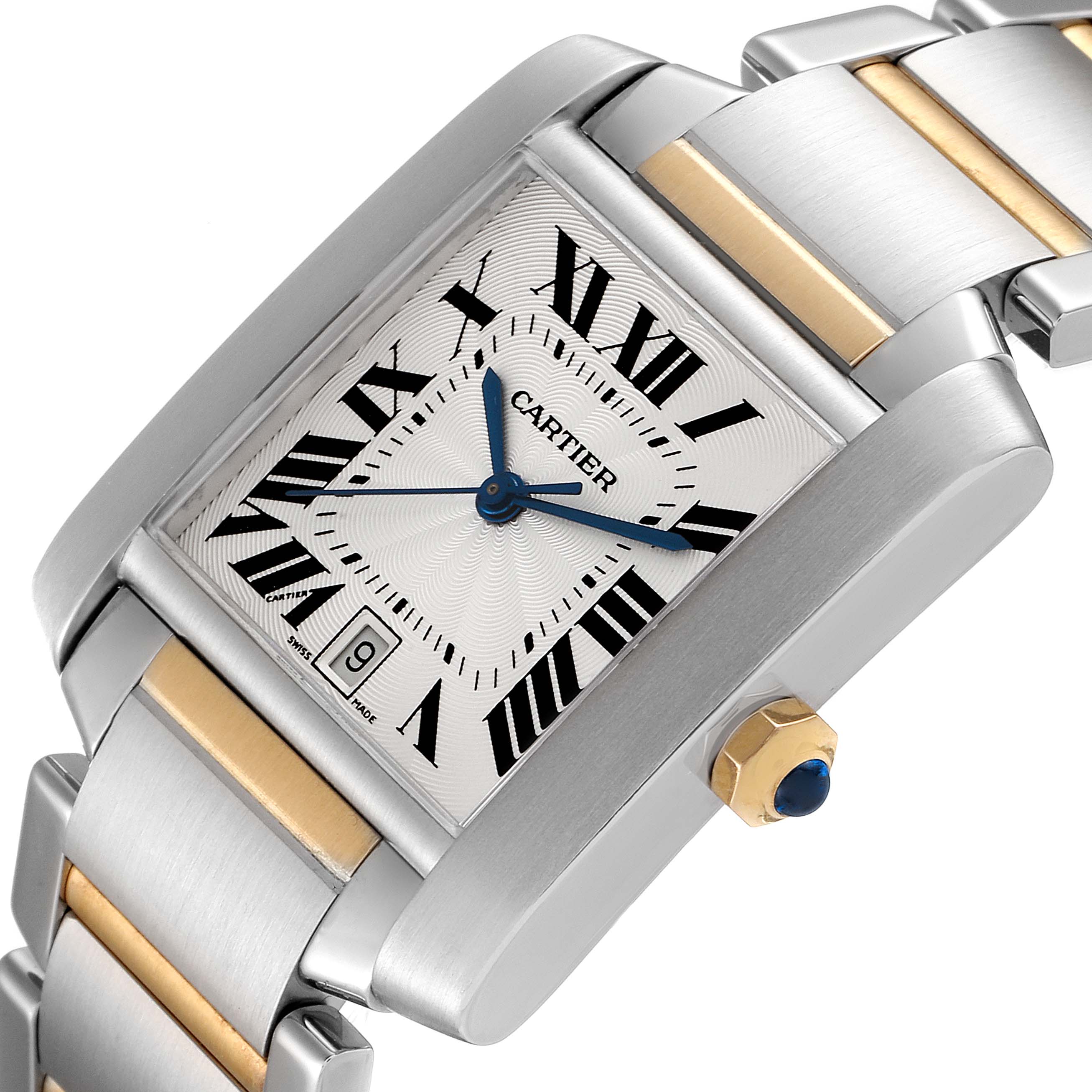 The image shows a close-up, angled view of a Cartier Tank Française watch, highlighting the dial, bracelet, and crown.