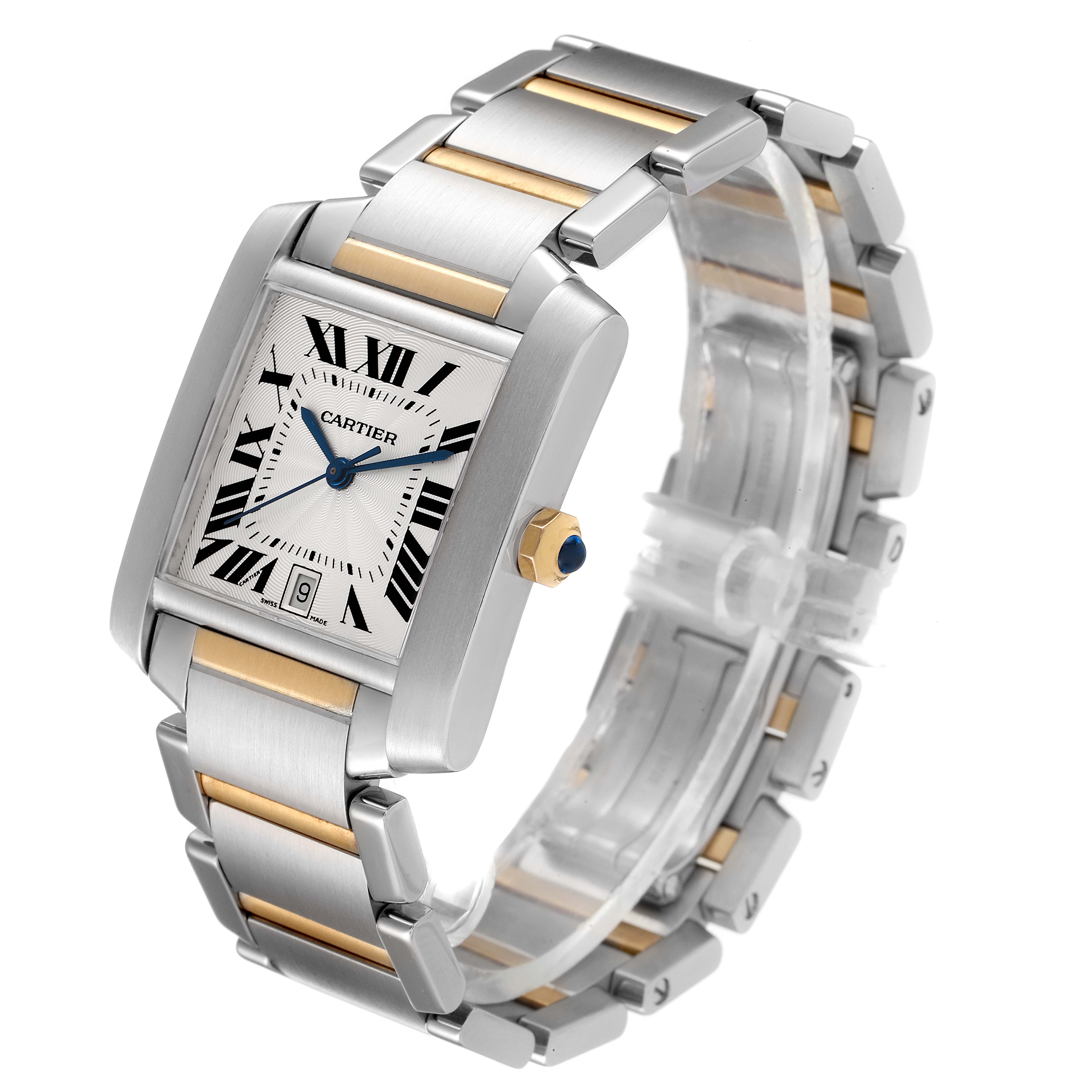 This is a side-front angle view of the Cartier Tank Francaise W51005Q4 Men's Steel and Gold (two tone) Silver Dial W51005Q4 Men's Steel and Gold (two tone) Silver Dial watch displaying the face, crown, and bracelet.