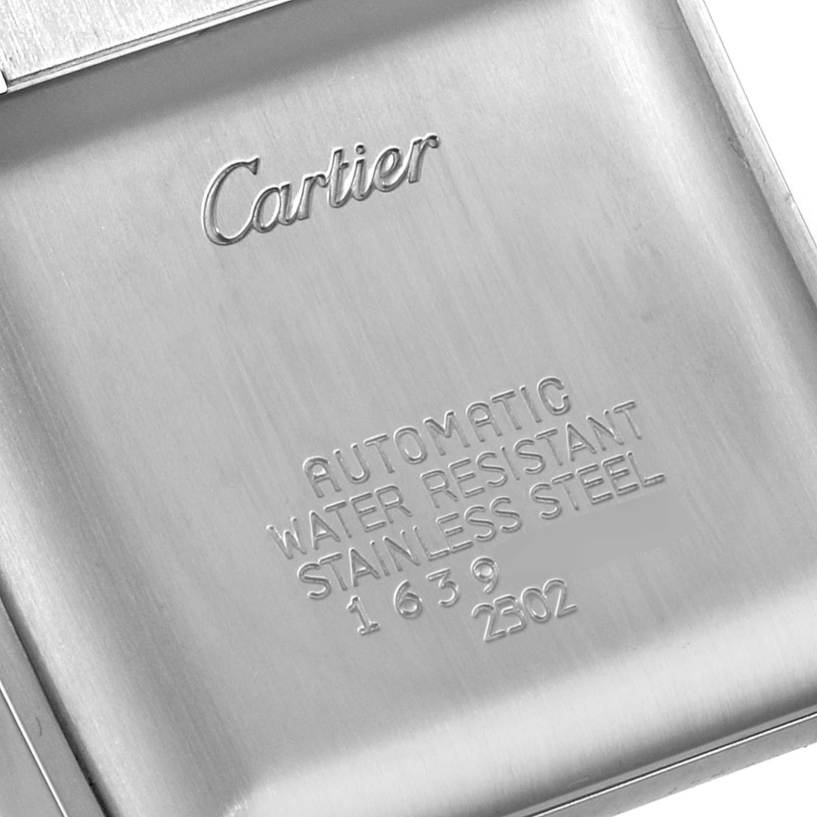 This image shows the engraved back case of a Cartier Tank Francaise W51005Q4 Men's Steel and Gold (two tone) Silver Dial W51005Q4 Men's Steel and Gold (two tone) Silver Dial watch in stainless steel.