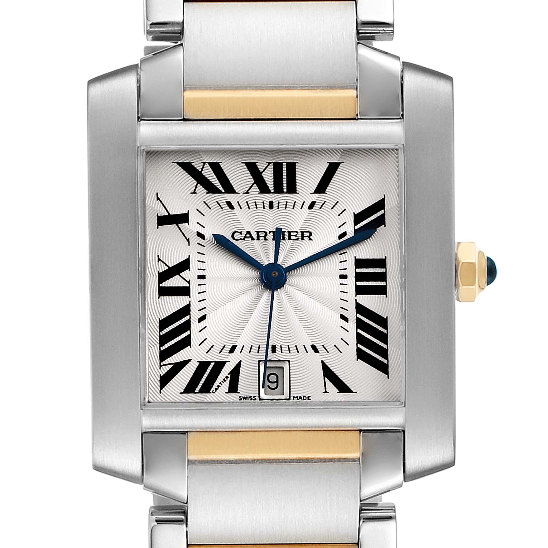 The image shows a front view of the Cartier Tank Francaise W51005Q4 Men's Steel and Gold (two tone) Silver Dial W51005Q4 Men's Steel and Gold (two tone) Silver Dial watch, featuring the dial, bezel, crown, and part of the bracelet.