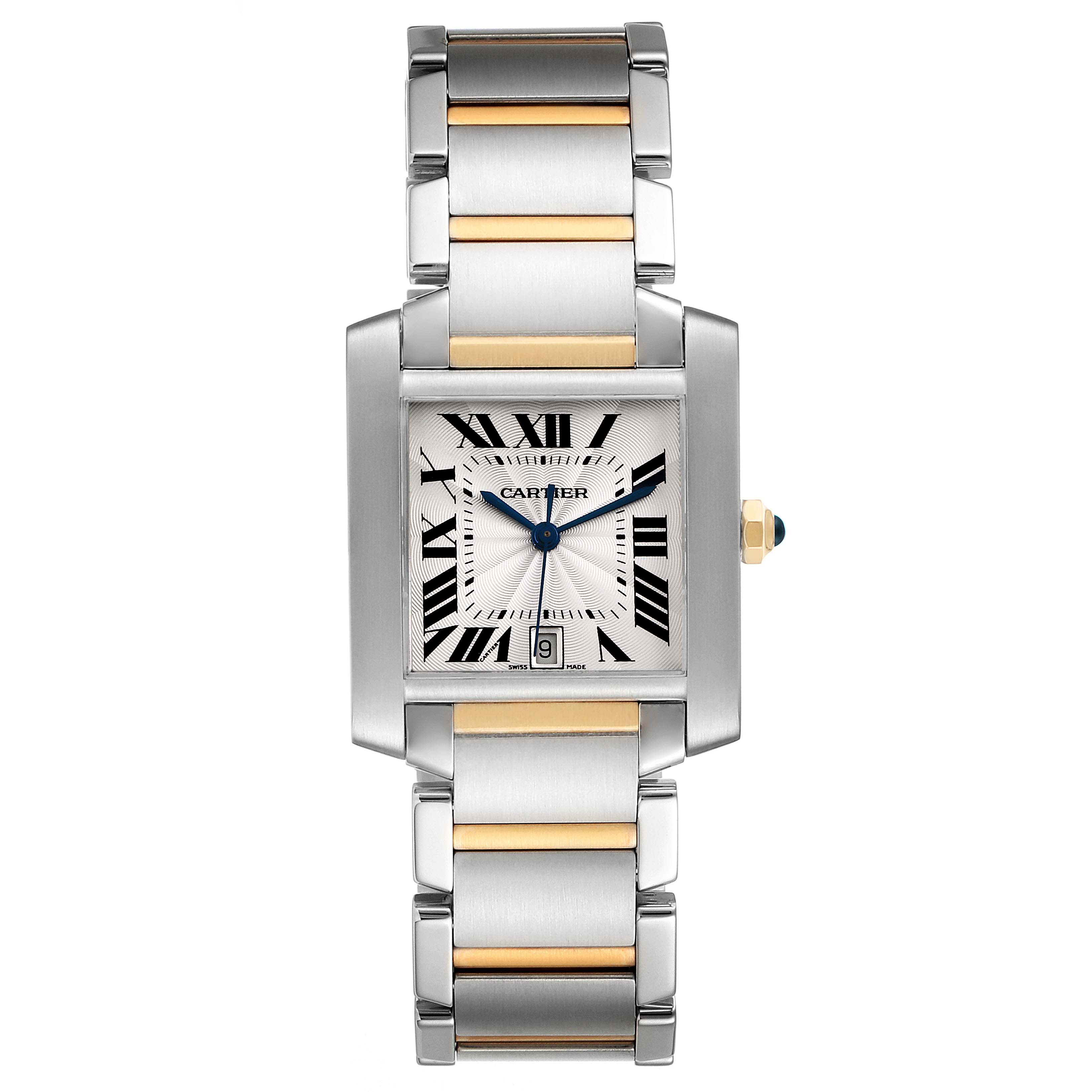 The image shows a front view of a Cartier Tank Francaise W51005Q4 Men's Steel and Gold (two tone) Silver Dial W51005Q4 Men's Steel and Gold (two tone) Silver Dial watch, highlighting its rectangular face and two-tone bracelet.