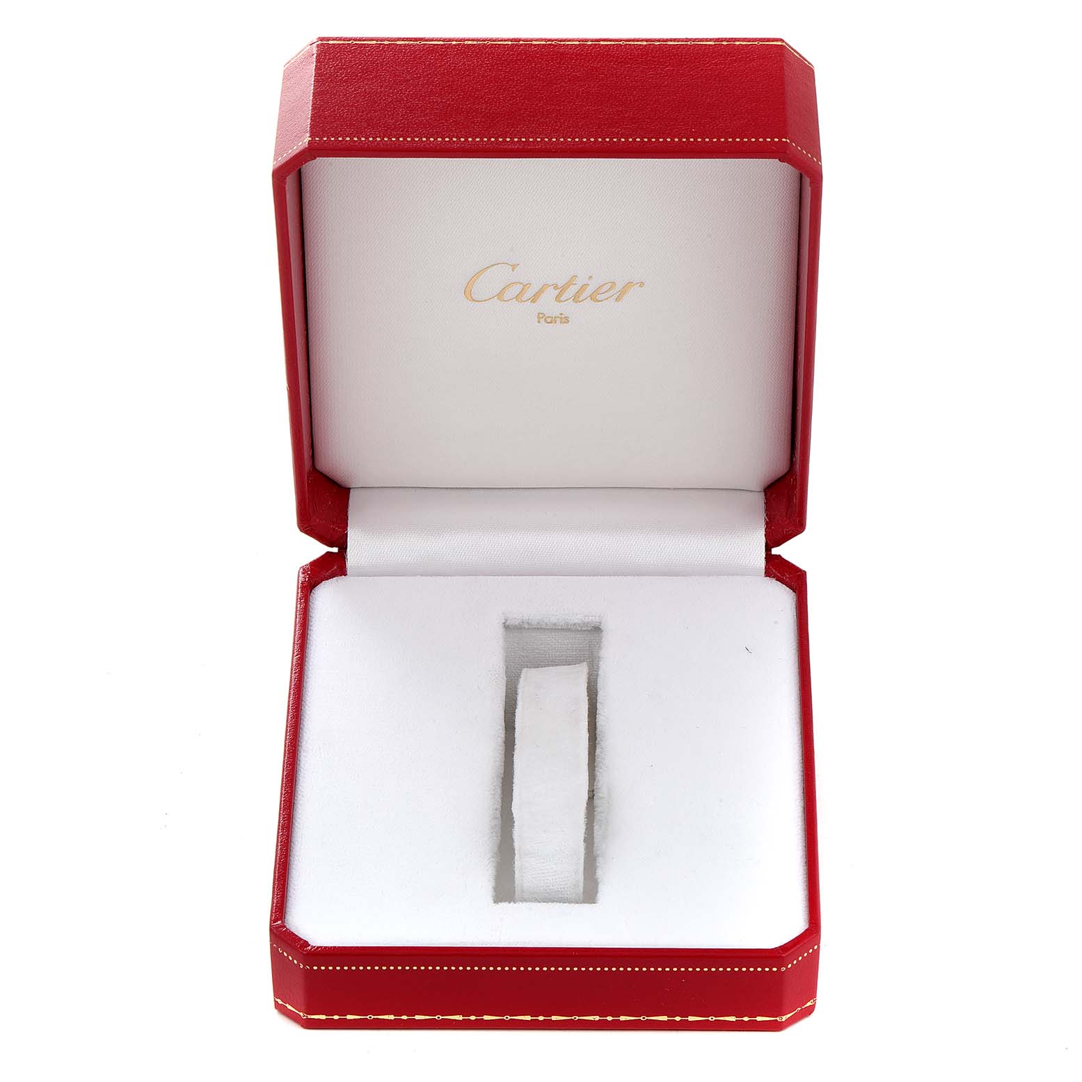 This is an open red Cartier Tank Francaise W51005Q4 Men's Steel and Gold (two tone) Silver Dial W51005Q4 Men's Steel and Gold (two tone) Silver Dial watch box viewed from the front, showing the watch's slot and the Cartier logo.