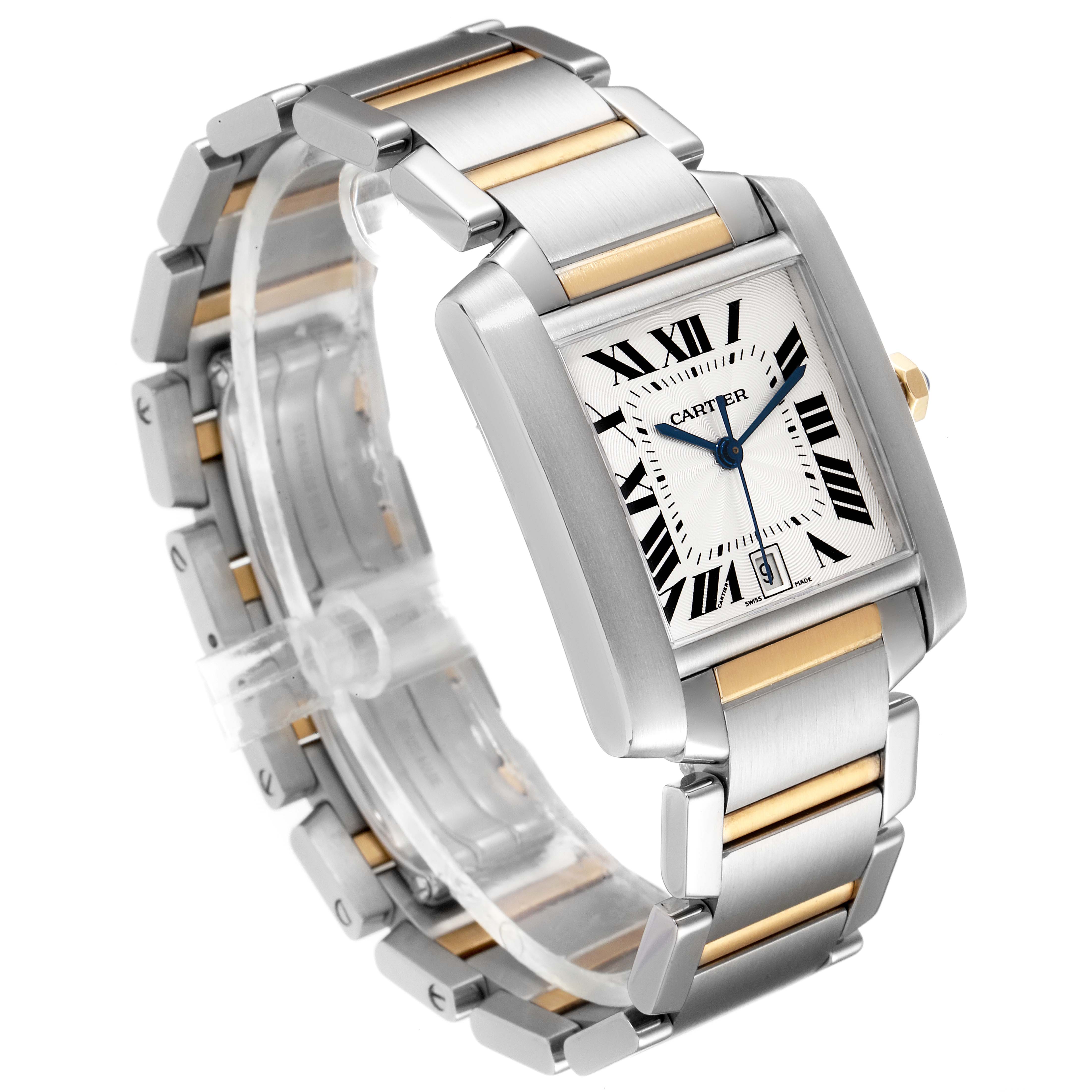The Cartier Tank Francaise W51005Q4 Men's Steel and Gold (two tone) Silver Dial W51005Q4 Men's Steel and Gold (two tone) Silver Dial watch is shown at an angle highlighting the face, bracelet, and clasp, with a stainless steel and gold design.