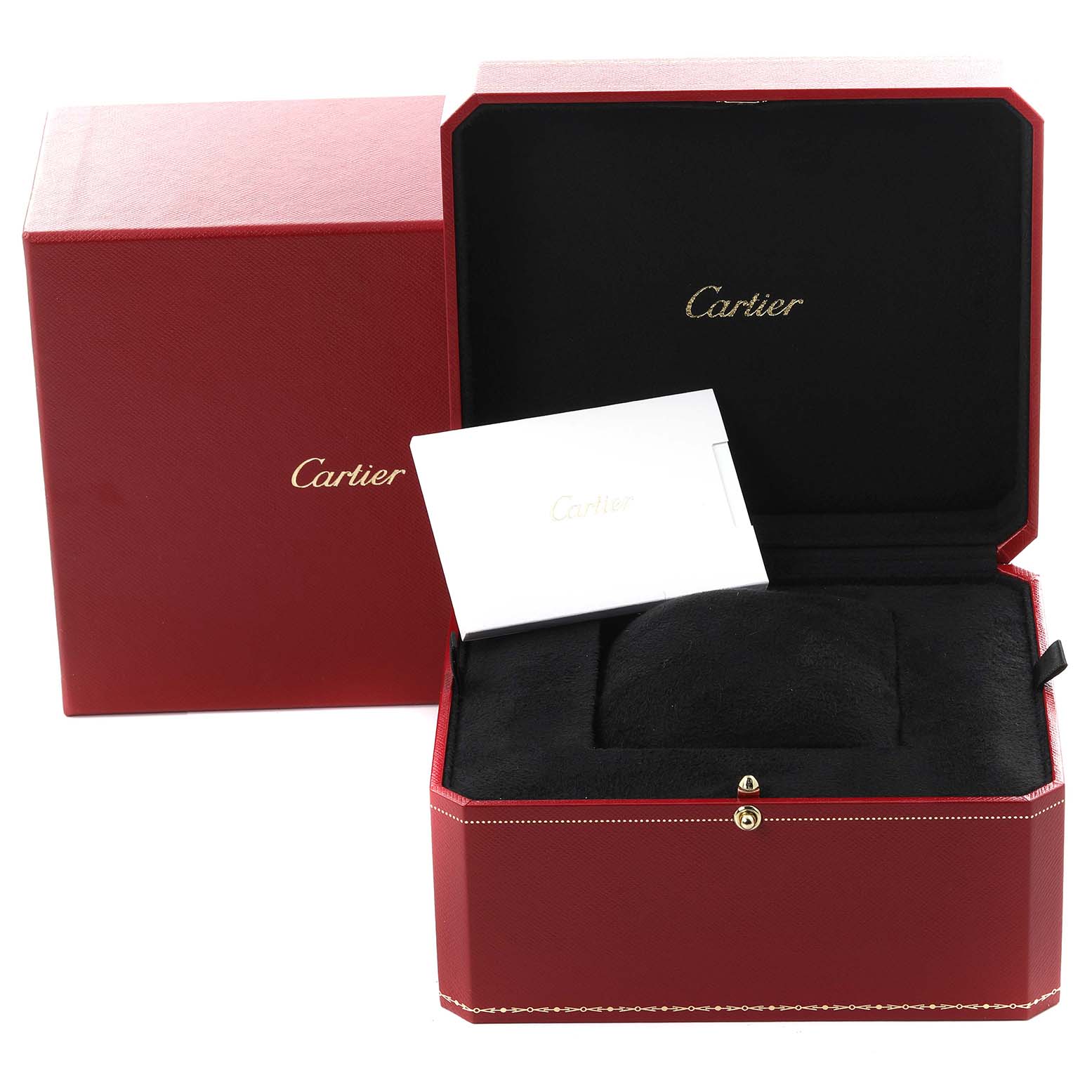 The image shows the Cartier Tank Obus W1532756 Women's Yellow Gold Silver Dial watch's open red box and packaging, viewed from the front.