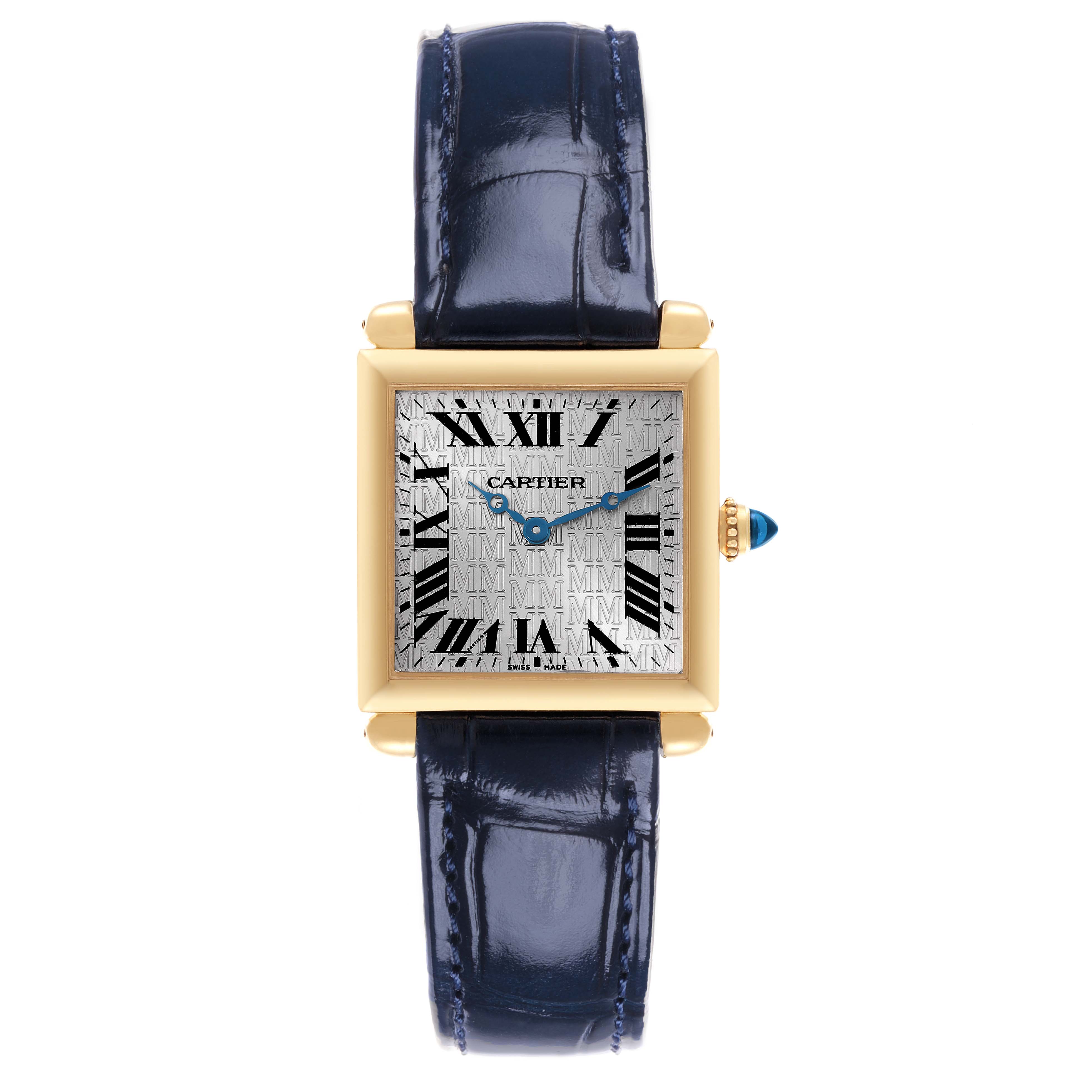 The Cartier Tank Obus W1532756 Women's Yellow Gold Silver Dial W1532756 Women's Yellow Gold Silver Dial watch is shown from a front angle, displaying the face, case, strap, and crown.