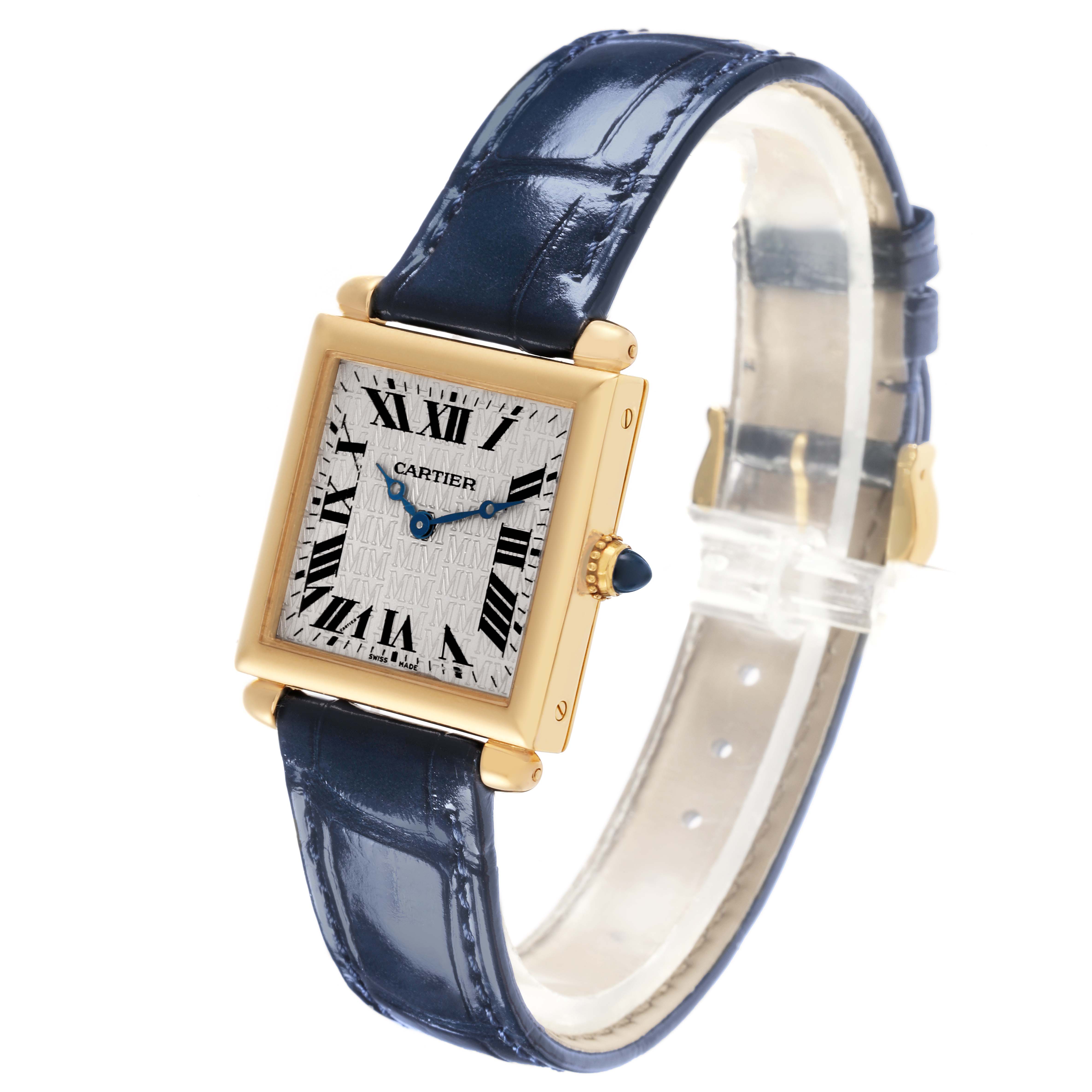 The Cartier Tank Obus W1532756 Women's Yellow Gold Silver Dial W1532756 Women's Yellow Gold Silver Dial watch is shown at a slight side angle, displaying its face, crown, and leather strap.