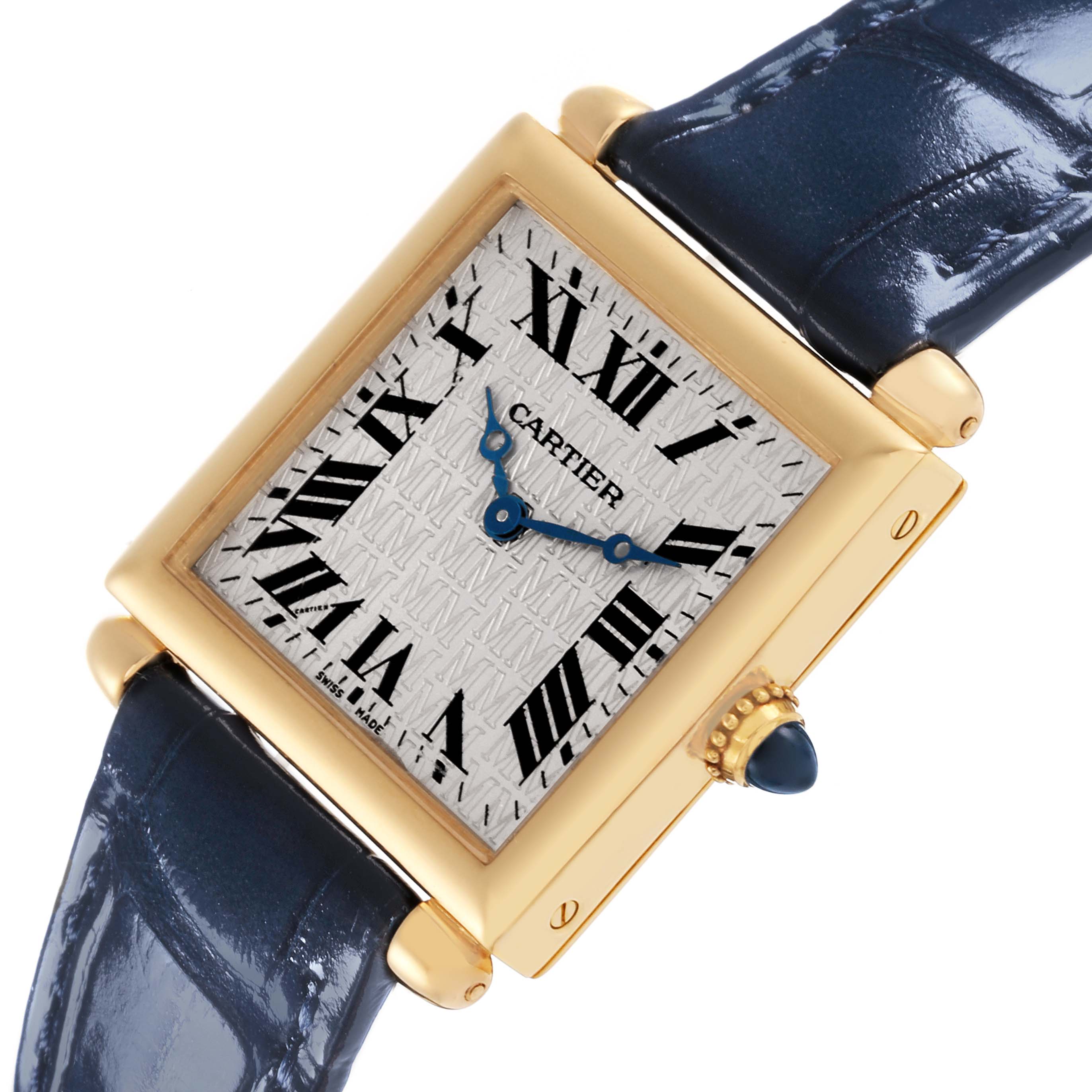 The Cartier Tank Obus W1532756 Women's Yellow Gold Silver Dial W1532756 Women's Yellow Gold Silver Dial watch is shown at an angled top view, highlighting the dial, case, and strap.
