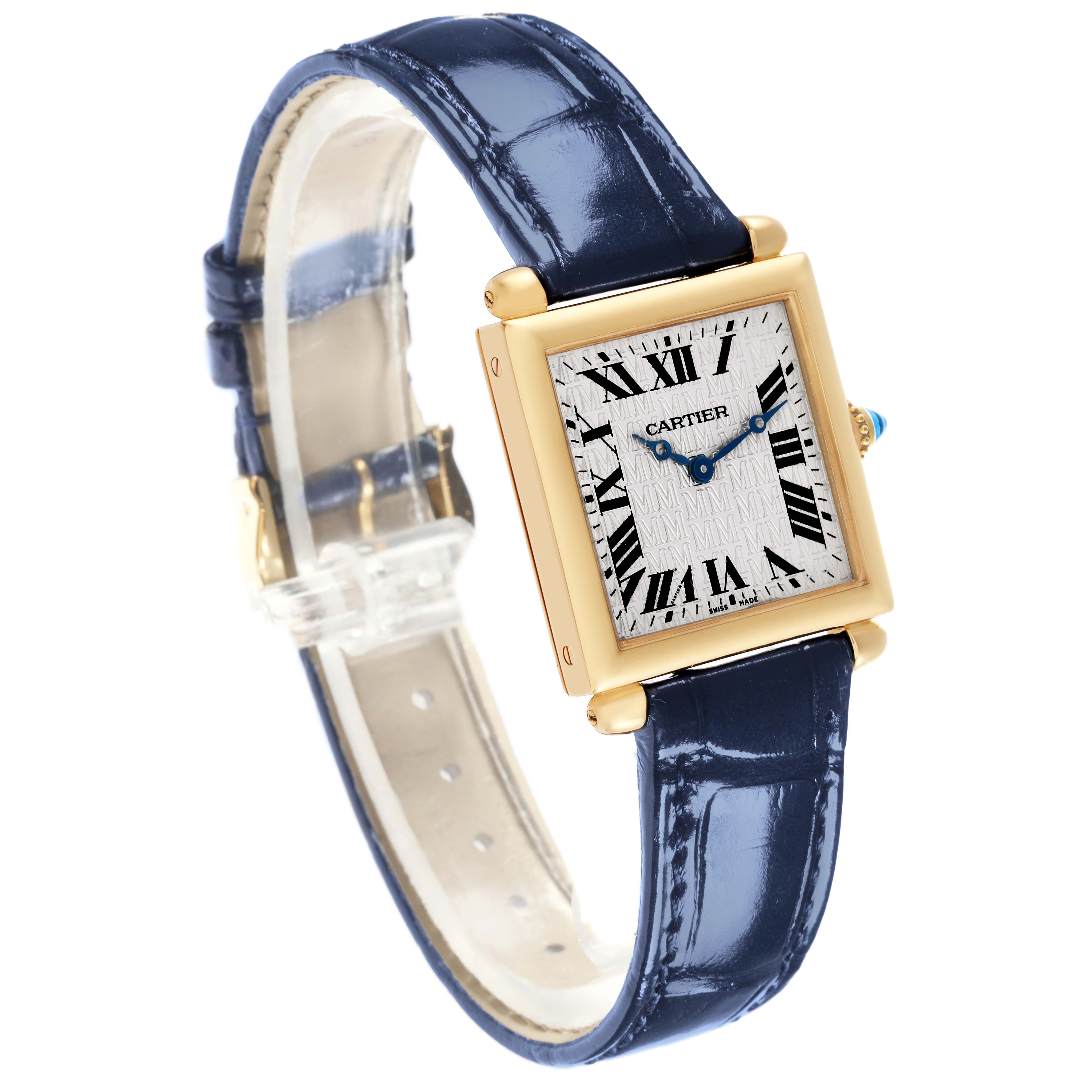 The Cartier Tank Obus W1532756 Women's Yellow Gold Silver Dial W1532756 Women's Yellow Gold Silver Dial watch is shown at a slight angle, displaying the face, case, and leather strap.