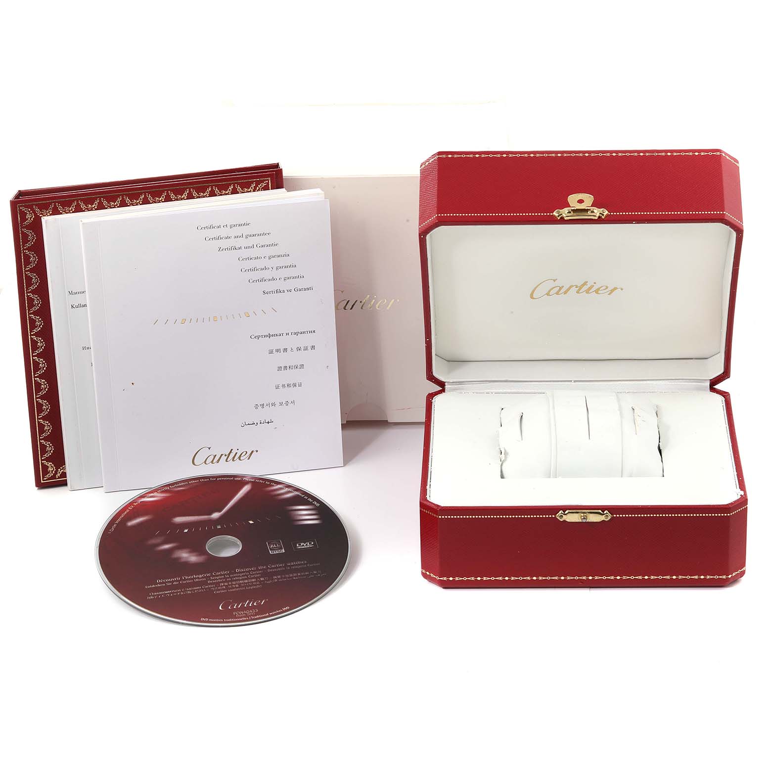 The image shows accessories including the box, manuals, and CD for a Cartier Tank Solo W5200013 Women
s Stainless Steel Silver Dial W5200013 Women
s Stainless Steel Silver Dial watch.