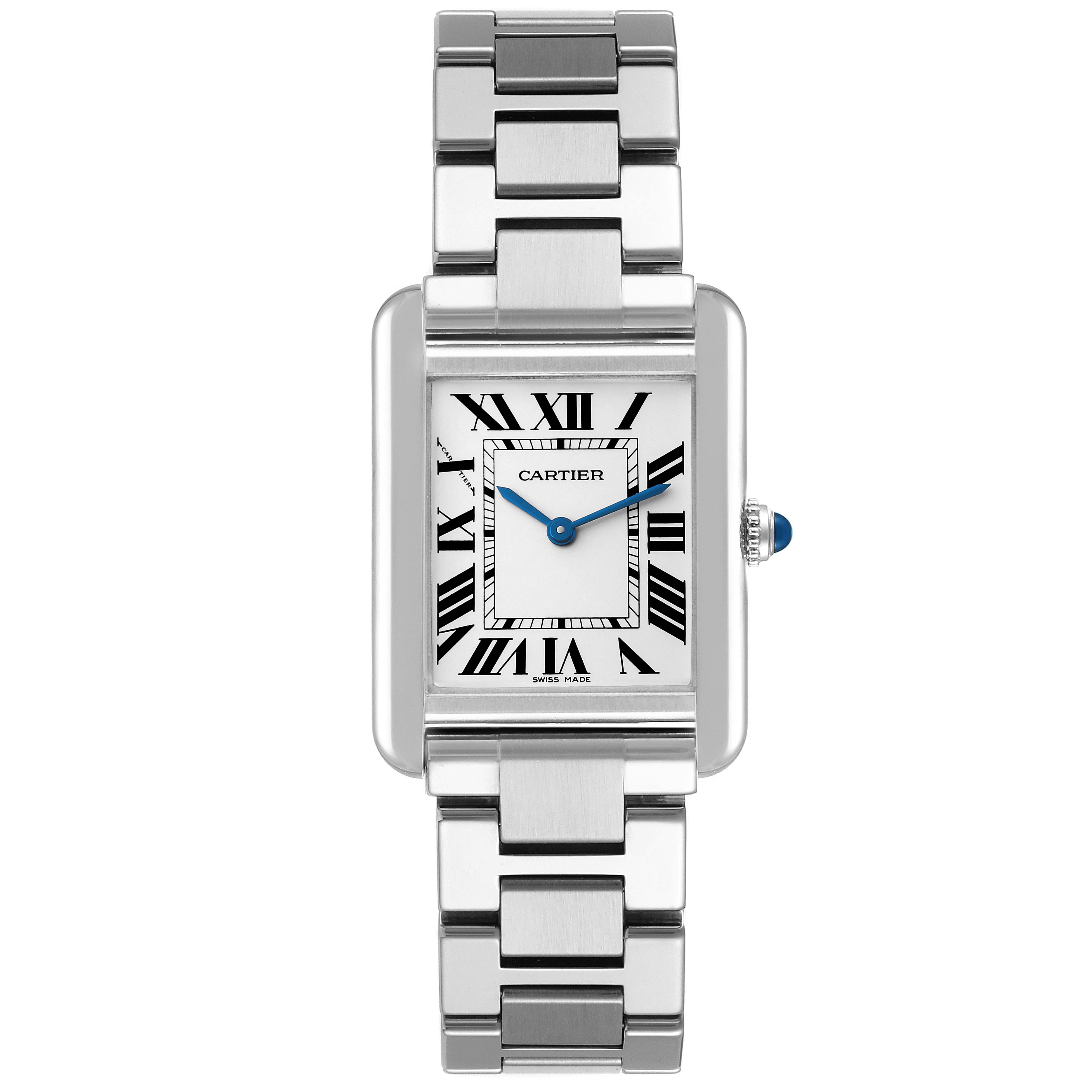 The image displays a Cartier Tank Solo W5200013 Women
s Stainless Steel Silver Dial W5200013 Women
s Stainless Steel Silver Dial watch front view, showcasing its rectangular face, Roman numerals, and stainless steel bracelet.