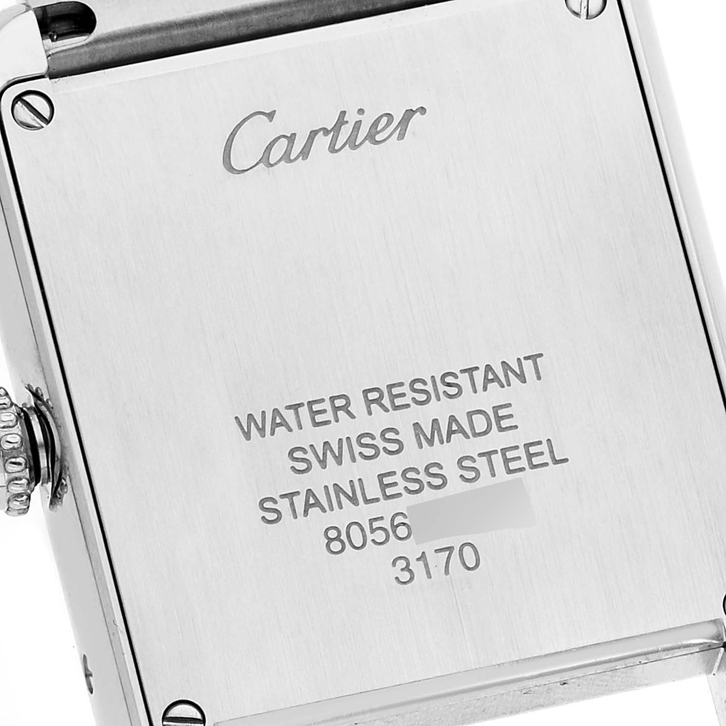 The image shows the back case of a Cartier Tank Solo W5200013 Women
s Stainless Steel Silver Dial W5200013 Women
s Stainless Steel Silver Dial watch, highlighting its water resistance, Swiss made, and stainless steel features.