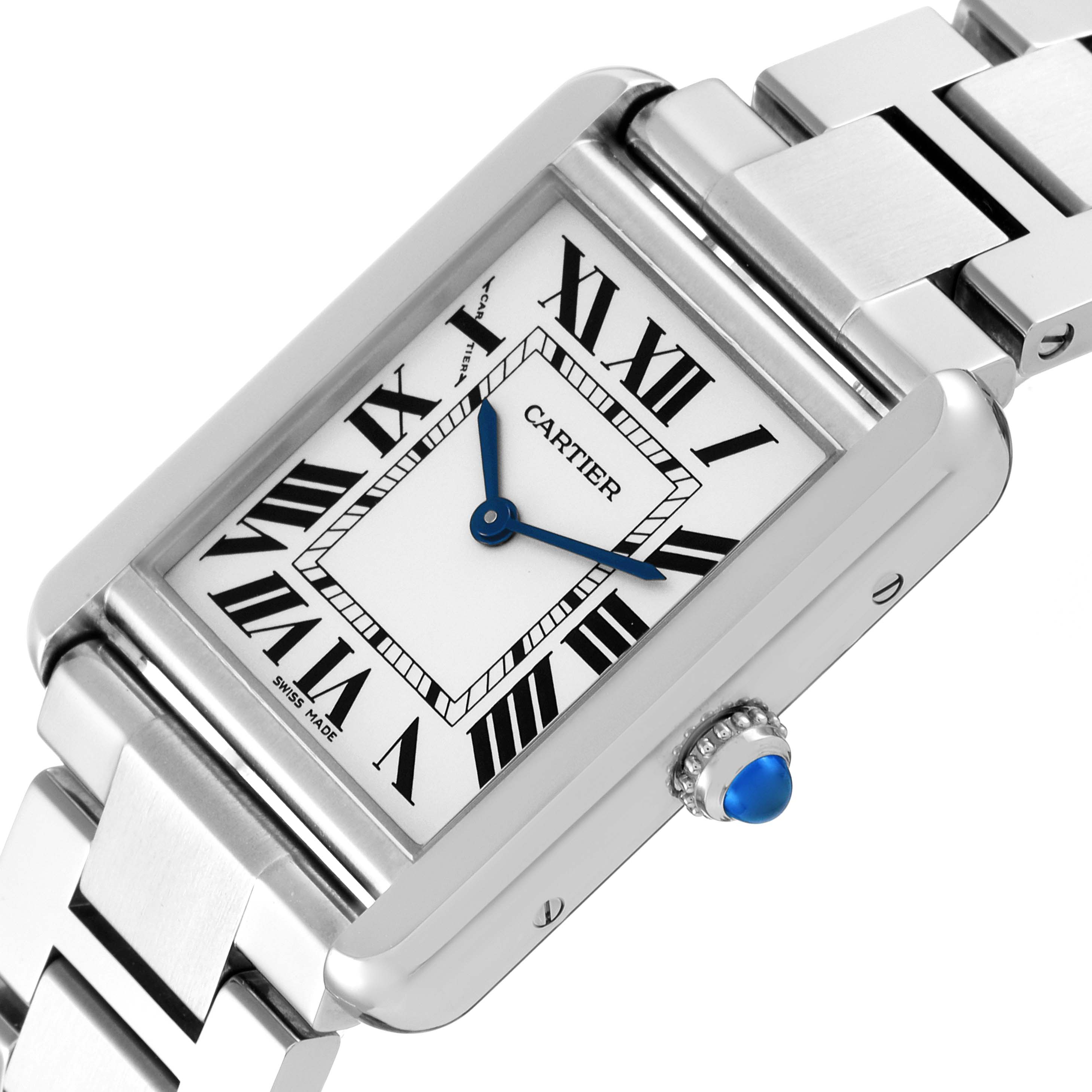 The image shows a close-up, angled view of the dial, case, and bracelet of a Cartier Tank Solo W5200013 Women
s Stainless Steel Silver Dial W5200013 Women
s Stainless Steel Silver Dial watch.