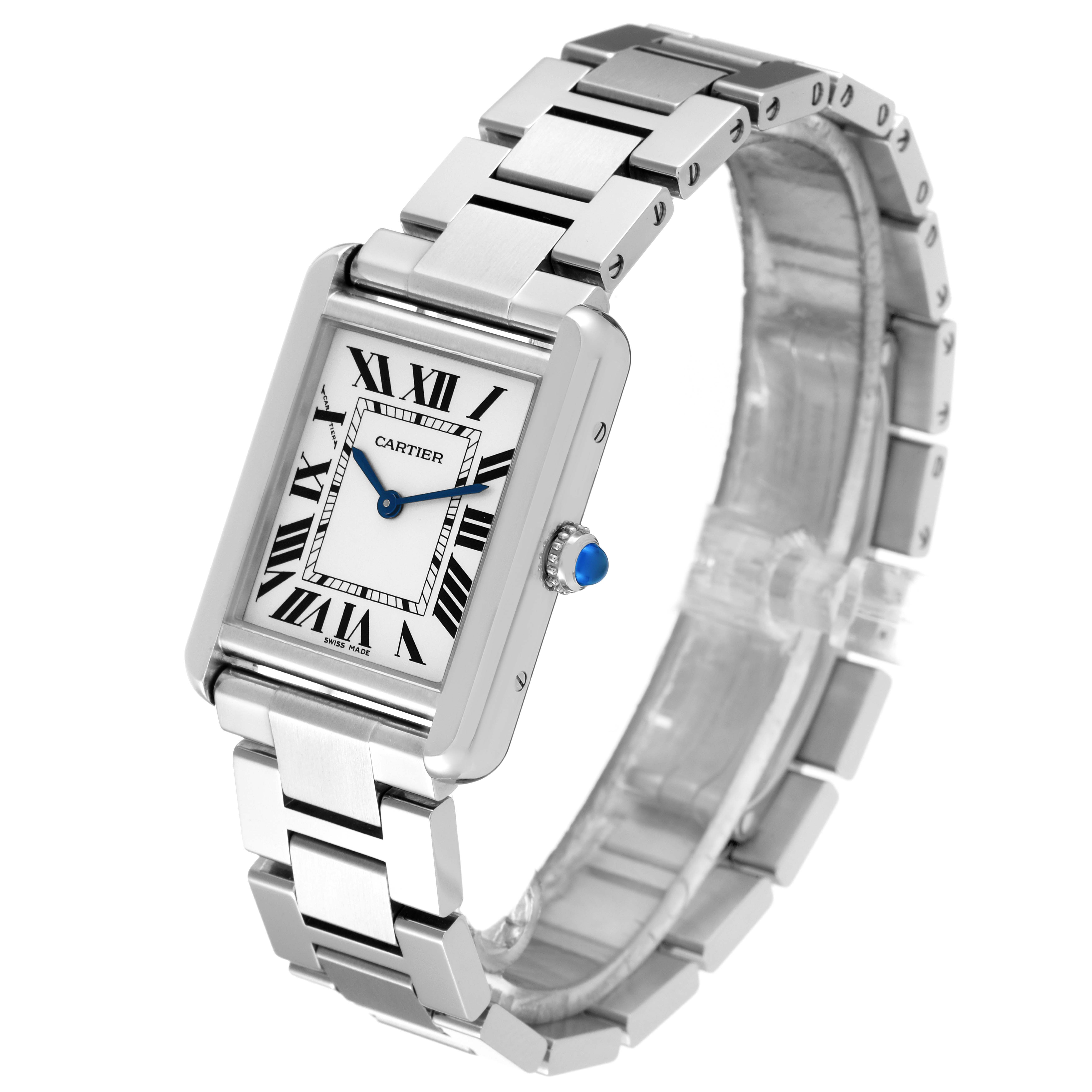 The image shows a Cartier Tank Solo W5200013 Women
s Stainless Steel Silver Dial W5200013 Women
s Stainless Steel Silver Dial watch from an angled perspective, highlighting the face, bracelet, and crown.