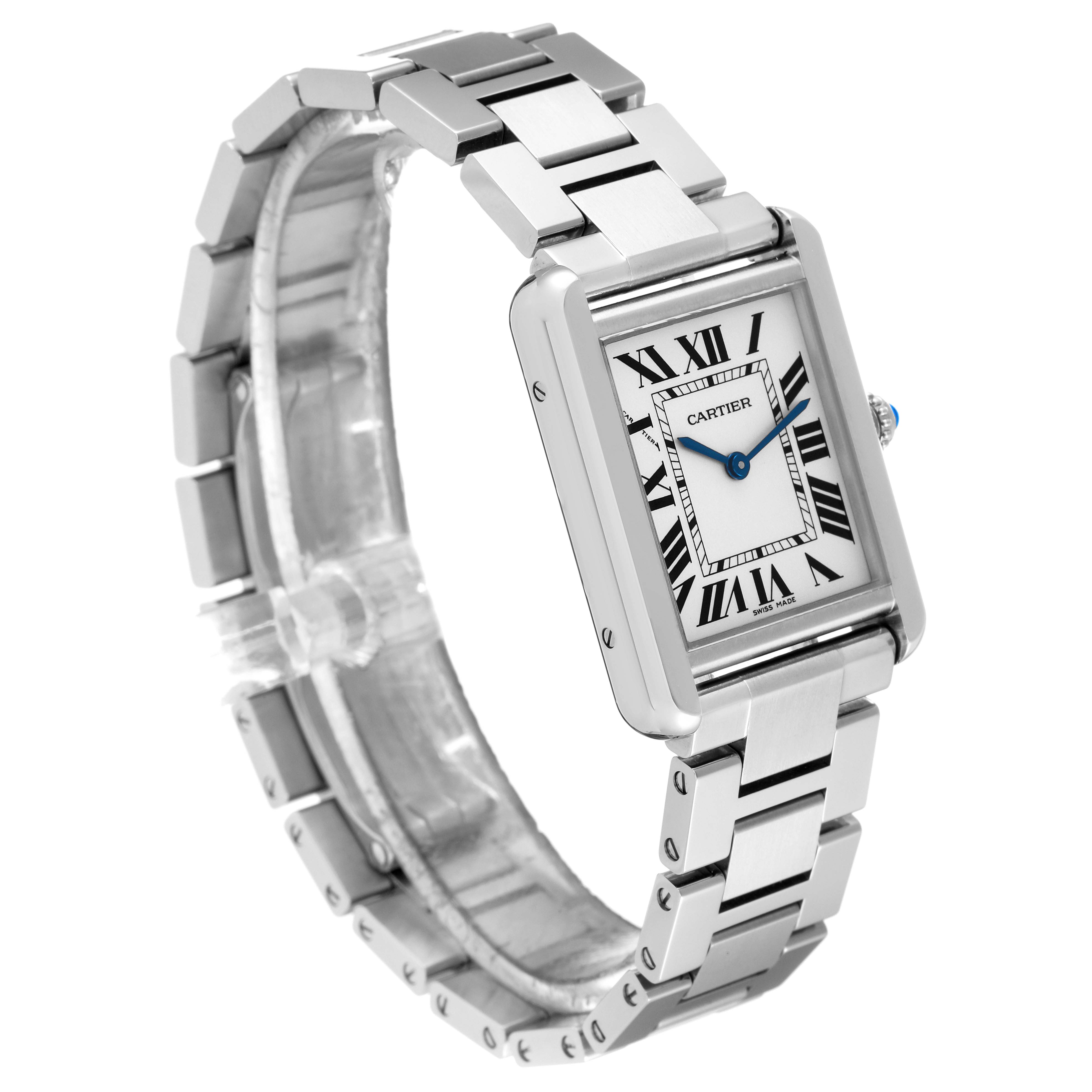 The image shows a Cartier Tank Solo W5200013 Women
s Stainless Steel Silver Dial W5200013 Women
s Stainless Steel Silver Dial watch at a three-quarter angle, highlighting its rectangular face and metal bracelet.