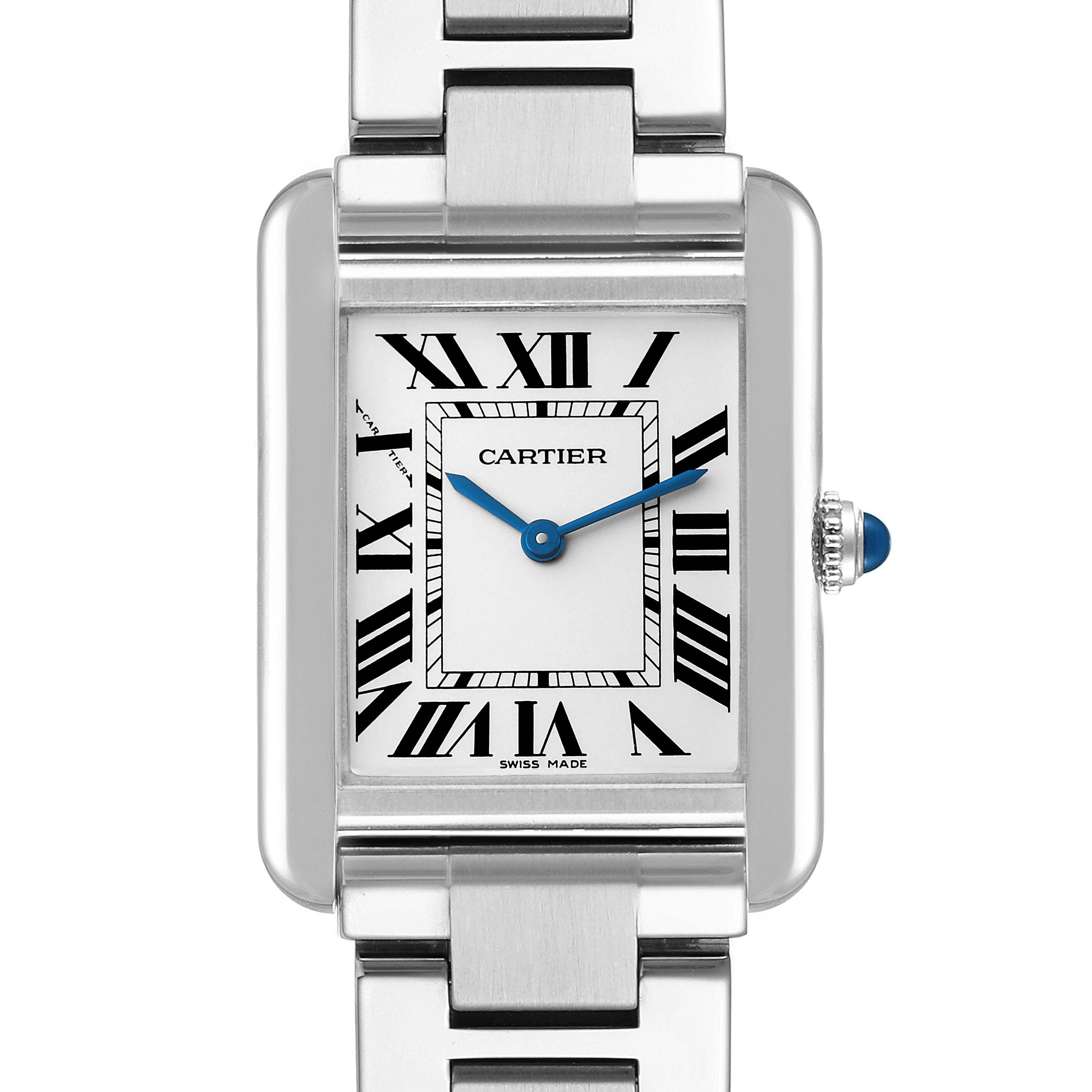 The image shows a Cartier Tank Solo W5200013 Women
s Stainless Steel Silver Dial W5200013 Women
s Stainless Steel Silver Dial watch head-on, highlighting the dial, blue hands, Roman numerals, and part of the bracelet.