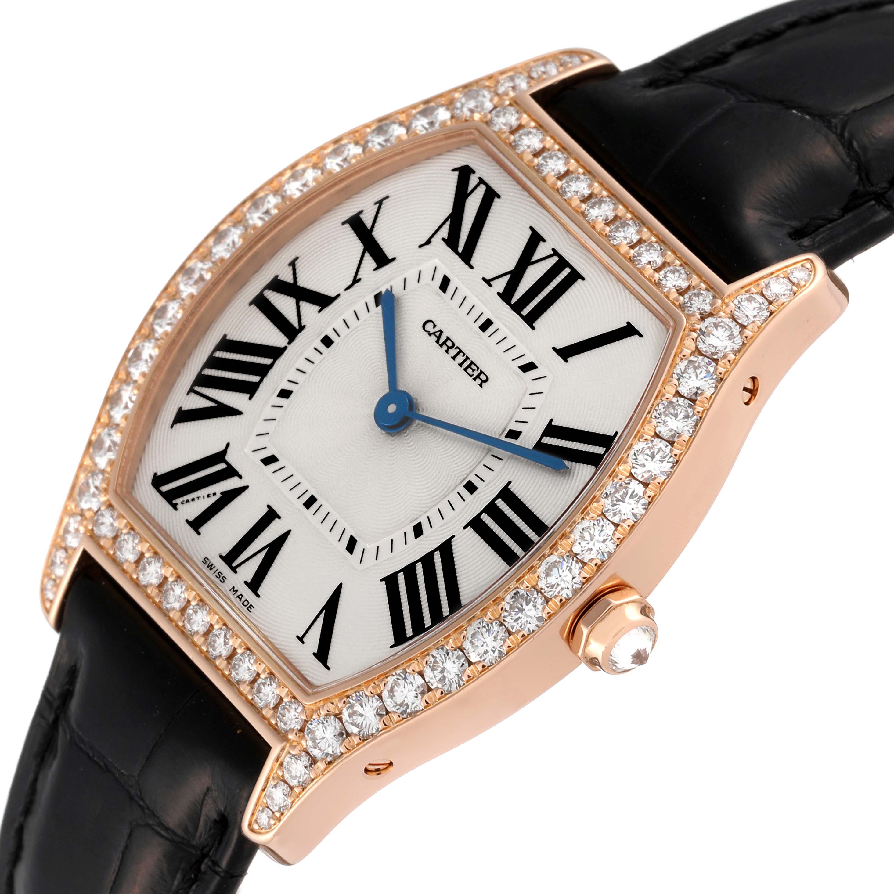 The image shows a Cartier Tortue WA501008 Men's Rose Gold Silver Dial WA501008 Men's Rose Gold Silver Dial watch at an angled view, highlighting its diamond-encrusted bezel, white dial, and black strap.