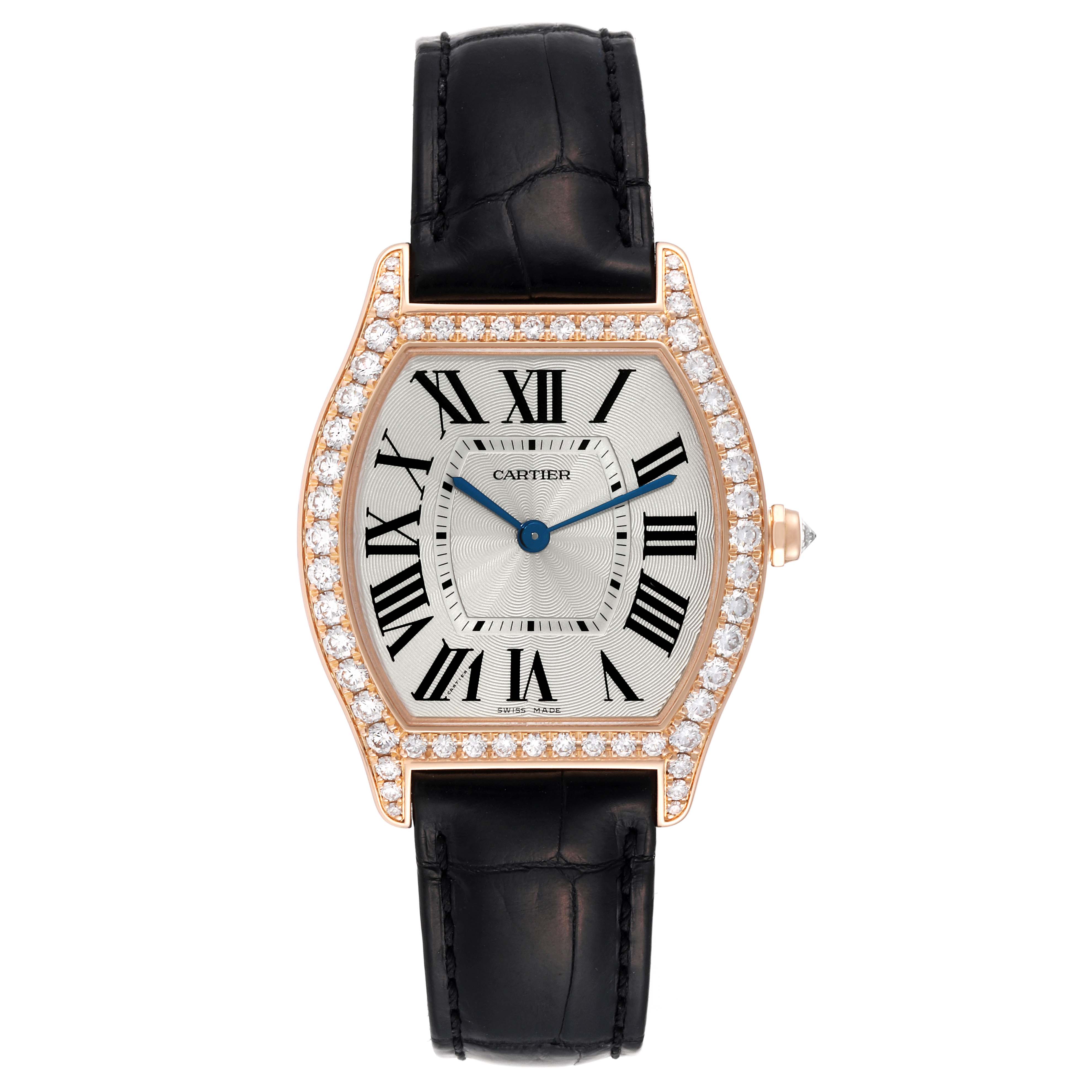The image shows a front view of a Cartier Tortue WA501008 Men's Rose Gold Silver Dial WA501008 Men's Rose Gold Silver Dial watch, highlighting its Roman numerals, diamond bezel, and black leather strap.