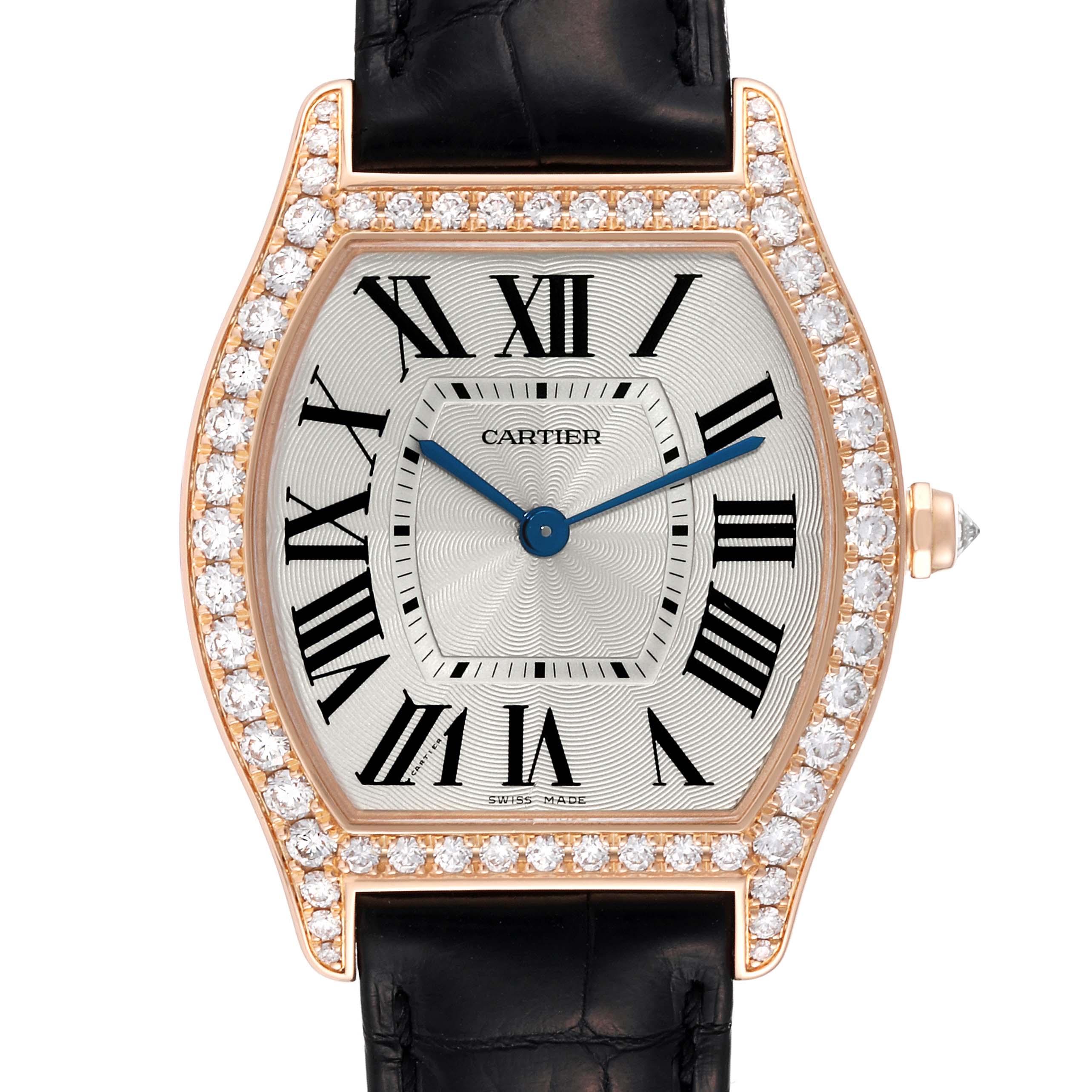 The image shows a frontal view of the Cartier Tortue WA501008 Men's Rose Gold Silver Dial WA501008 Men's Rose Gold Silver Dial watch, highlighting its diamond-studded bezel, Roman numeral dial, and black leather strap.