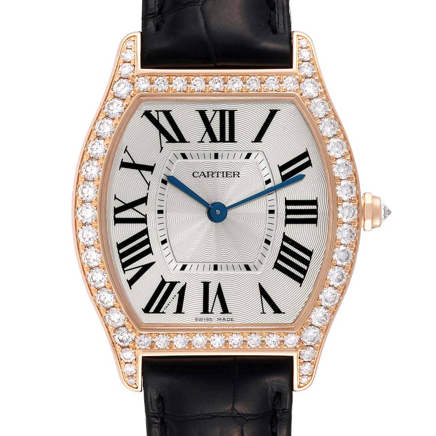 Cartier Tortue Medium Rose Gold Diamond Bezel Mens Watch WA501008 Box Card SwissWatchExpo