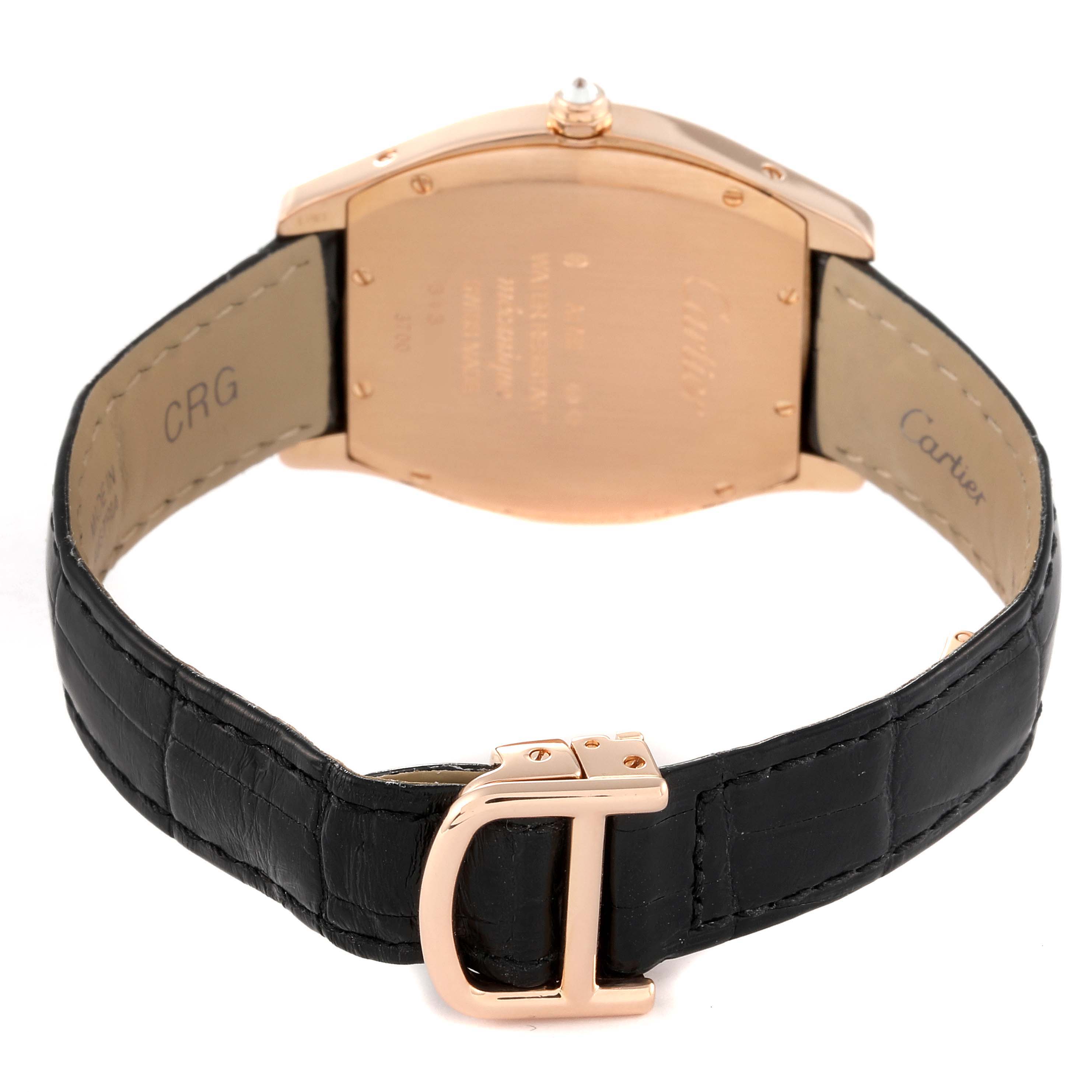 The image shows the back view of a Cartier Tortue WA501008 Men's Rose Gold Silver Dial WA501008 Men's Rose Gold Silver Dial watch, including the case back and black leather strap with a buckle.