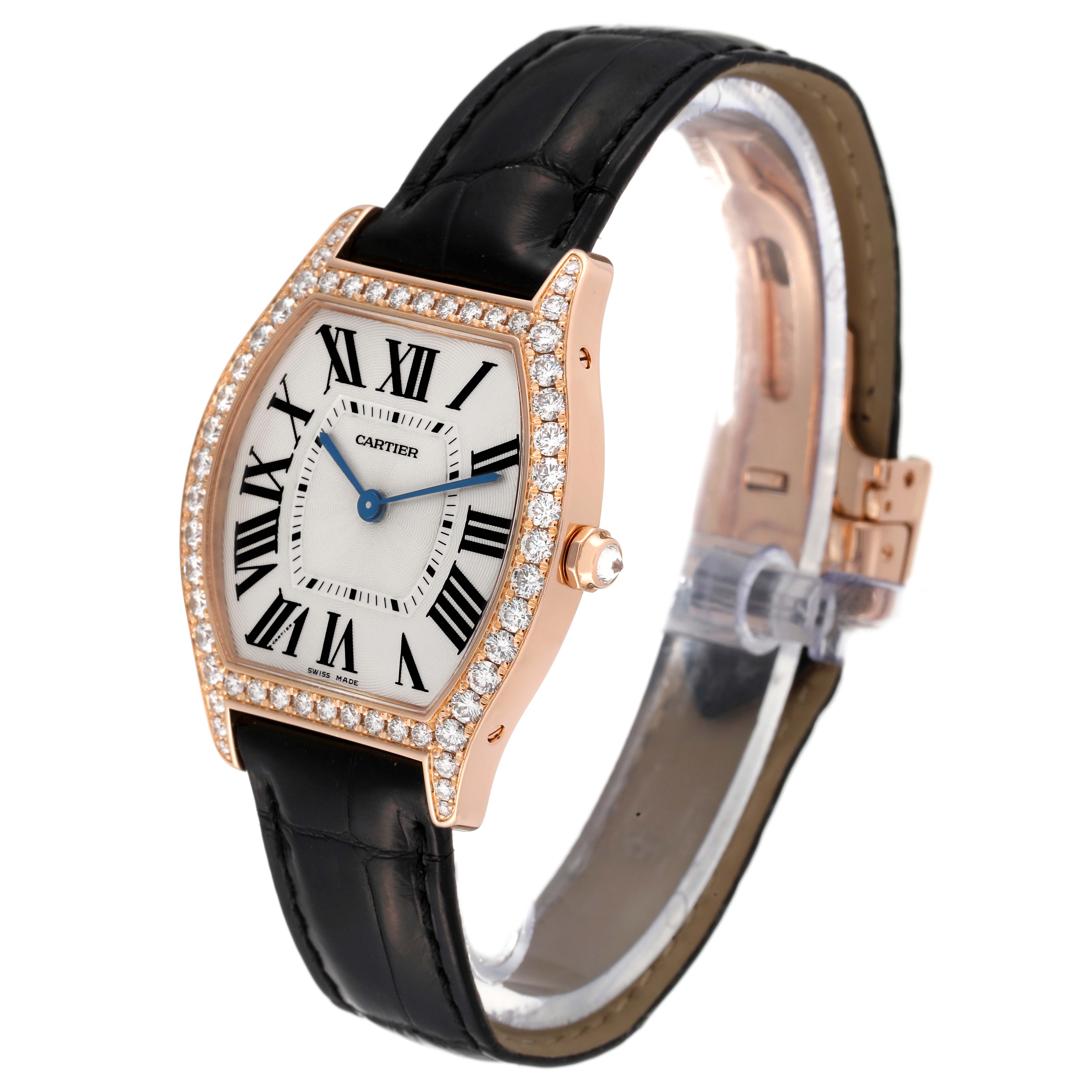 This Cartier Tortue WA501008 Men's Rose Gold Silver Dial WA501008 Men's Rose Gold Silver Dial watch is shown at a three-quarter angle, displaying its diamond-studded bezel, dial, and leather strap.