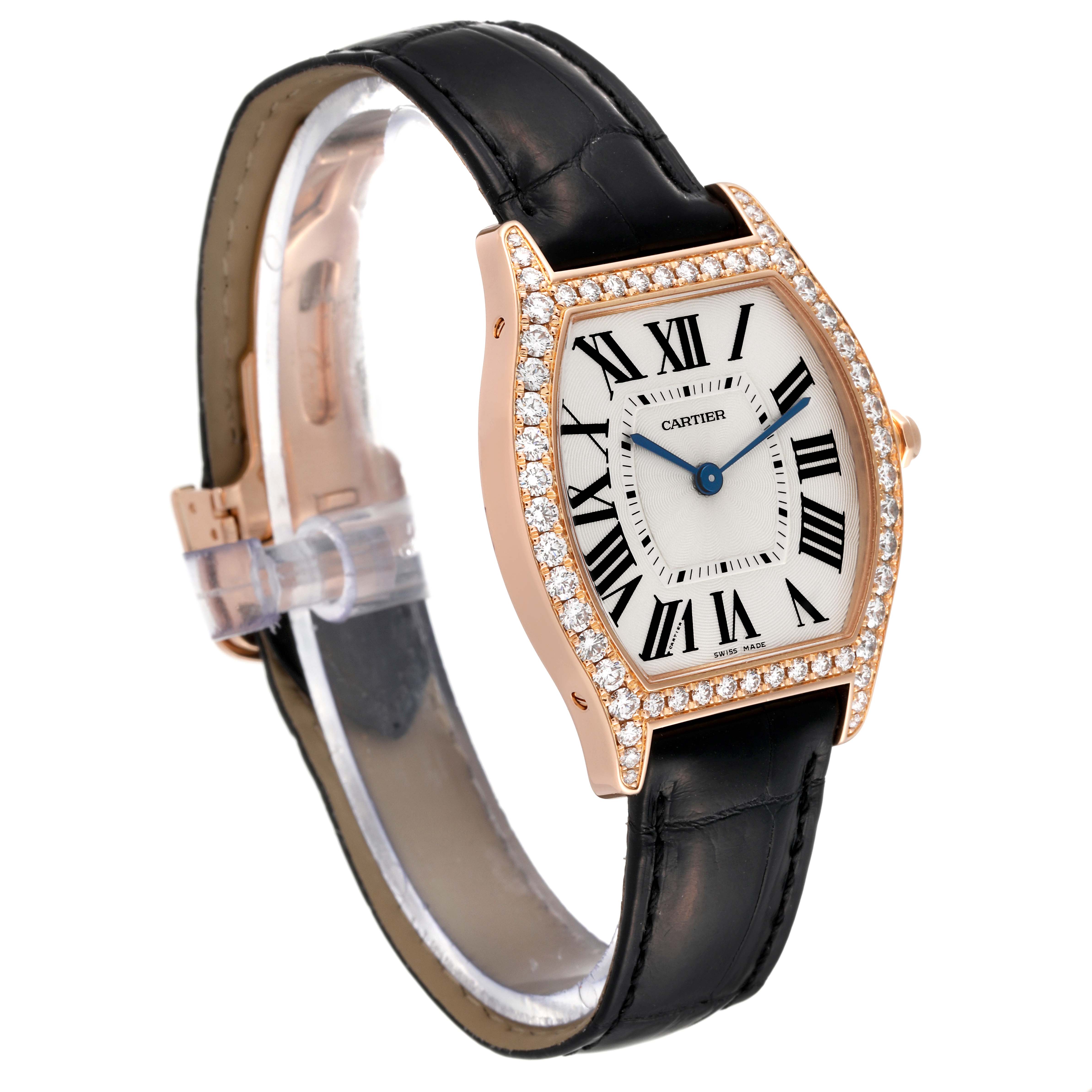 The Cartier Tortue WA501008 Men's Rose Gold Silver Dial WA501008 Men's Rose Gold Silver Dial watch is shown at an oblique angle, displaying the face, strap, and diamond-encrusted bezel.