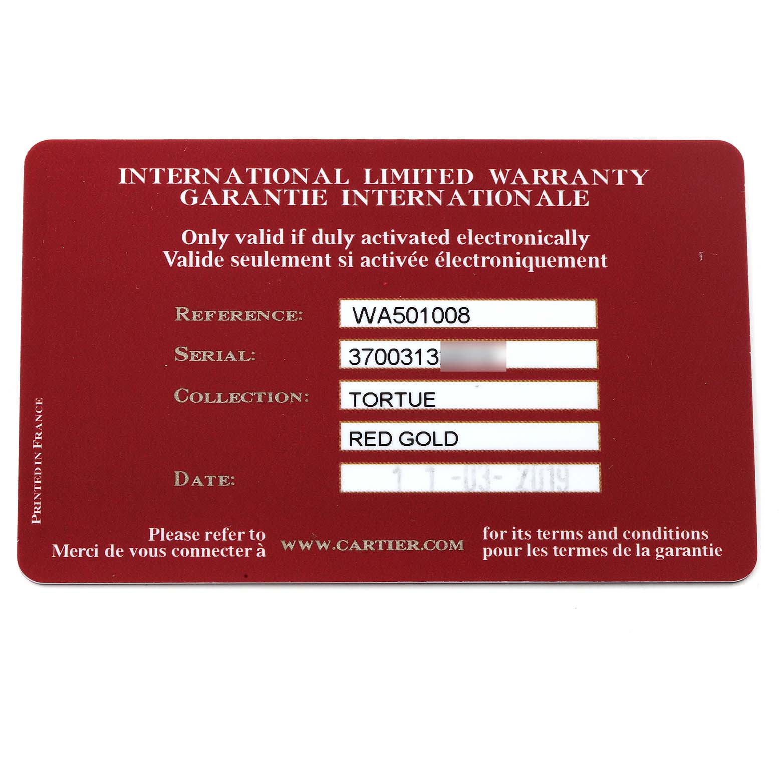 The image shows a Cartier Tortue WA501008 Men's Rose Gold Silver Dial WA501008 Men's Rose Gold Silver Dial watch's international limited warranty card.