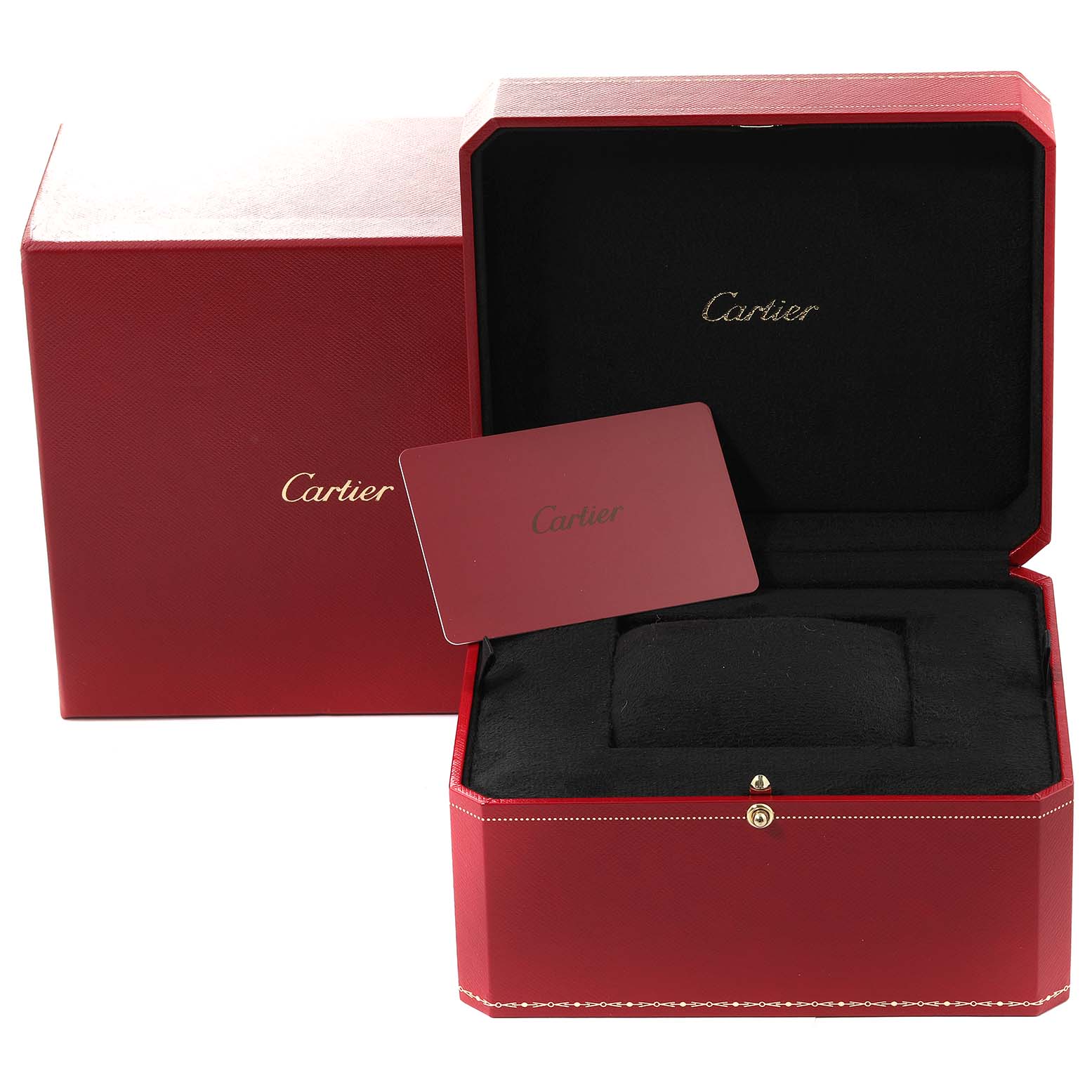 The image shows the packaging and presentation box for a Cartier Tortue WA501008 Men's Rose Gold Silver Dial WA501008 Men's Rose Gold Silver Dial watch, including a card and cushion.