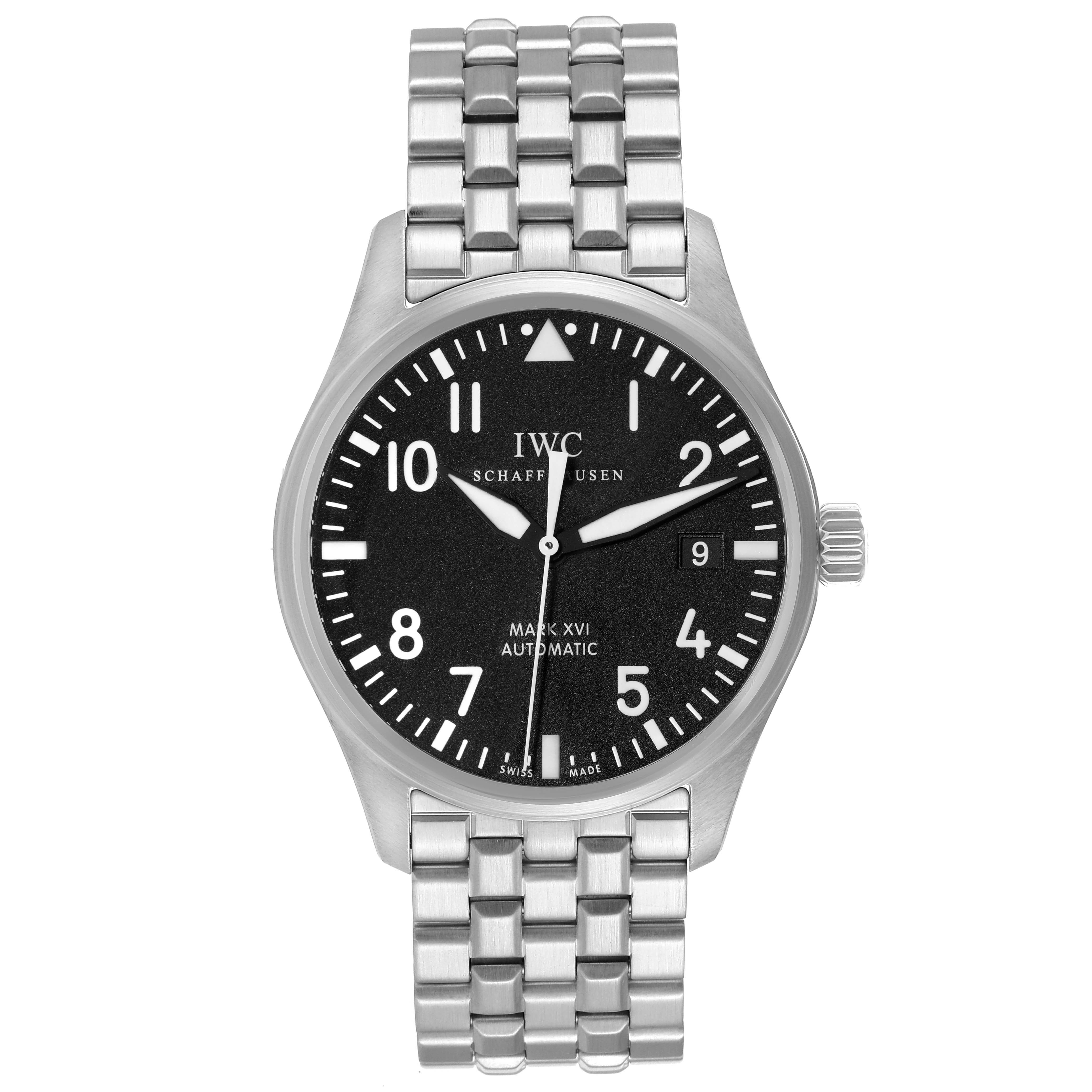 This image shows a front view of the IWC Pilot IW325504 Men
s Stainless Steel Black Dial IW325504 Men
s Stainless Steel Black Dial model watch with a stainless steel bracelet and black dial.