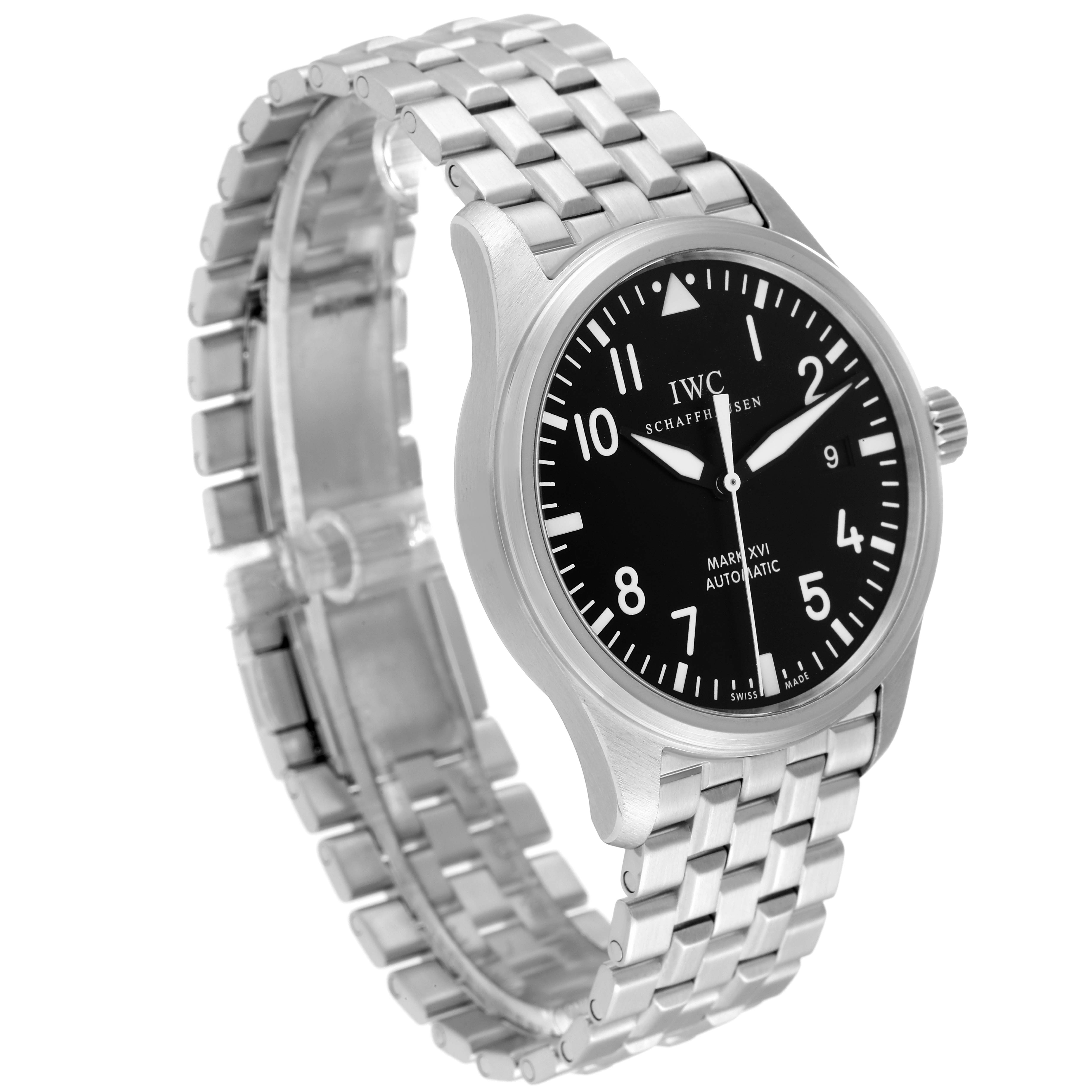 The IWC Pilot IW325504 Men
s Stainless Steel Black Dial IW325504 Men
s Stainless Steel Black Dial Mark XVI watch is shown from a three-quarter angle, displaying its face and metal bracelet.