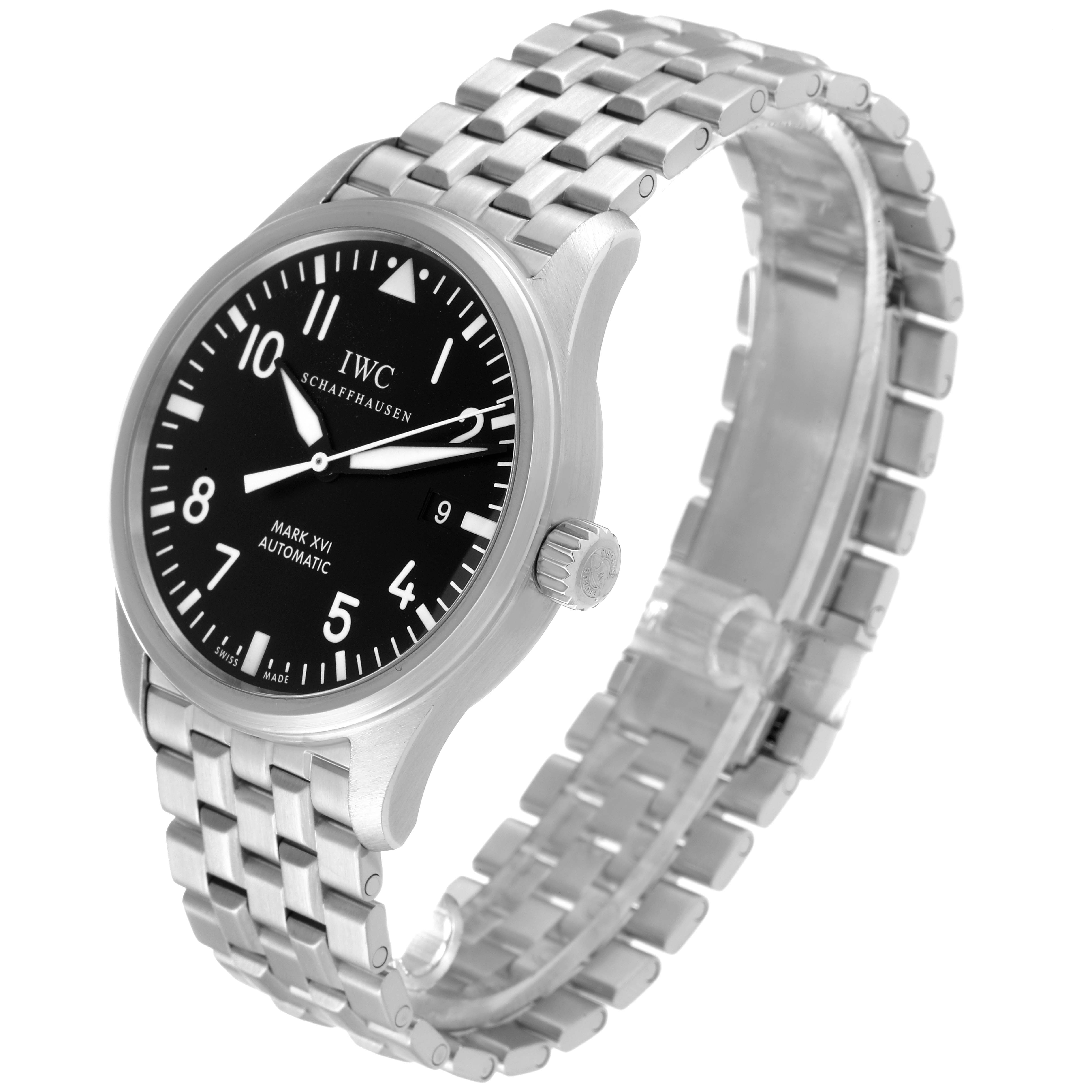 The image shows an IWC Pilot IW325504 Men
s Stainless Steel Black Dial IW325504 Men
s Stainless Steel Black Dial Mark XVI Automatic watch at a three-quarter angle, highlighting the face, bezel, and metal bracelet.