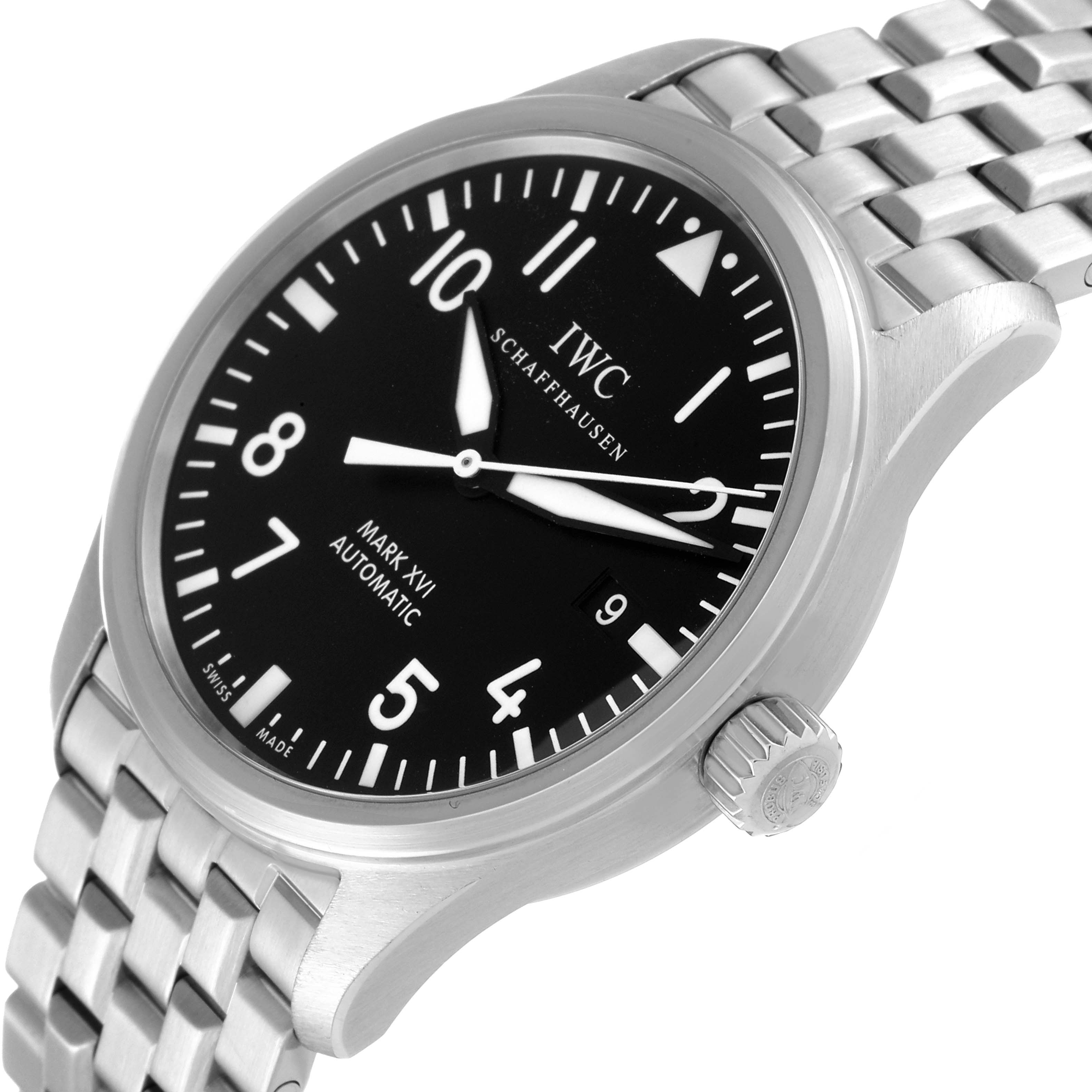 The image shows an IWC Pilot IW325504 Men
s Stainless Steel Black Dial IW325504 Men
s Stainless Steel Black Dial Mark XVI watch at an angled view highlighting its dial, crown, and stainless steel bracelet.