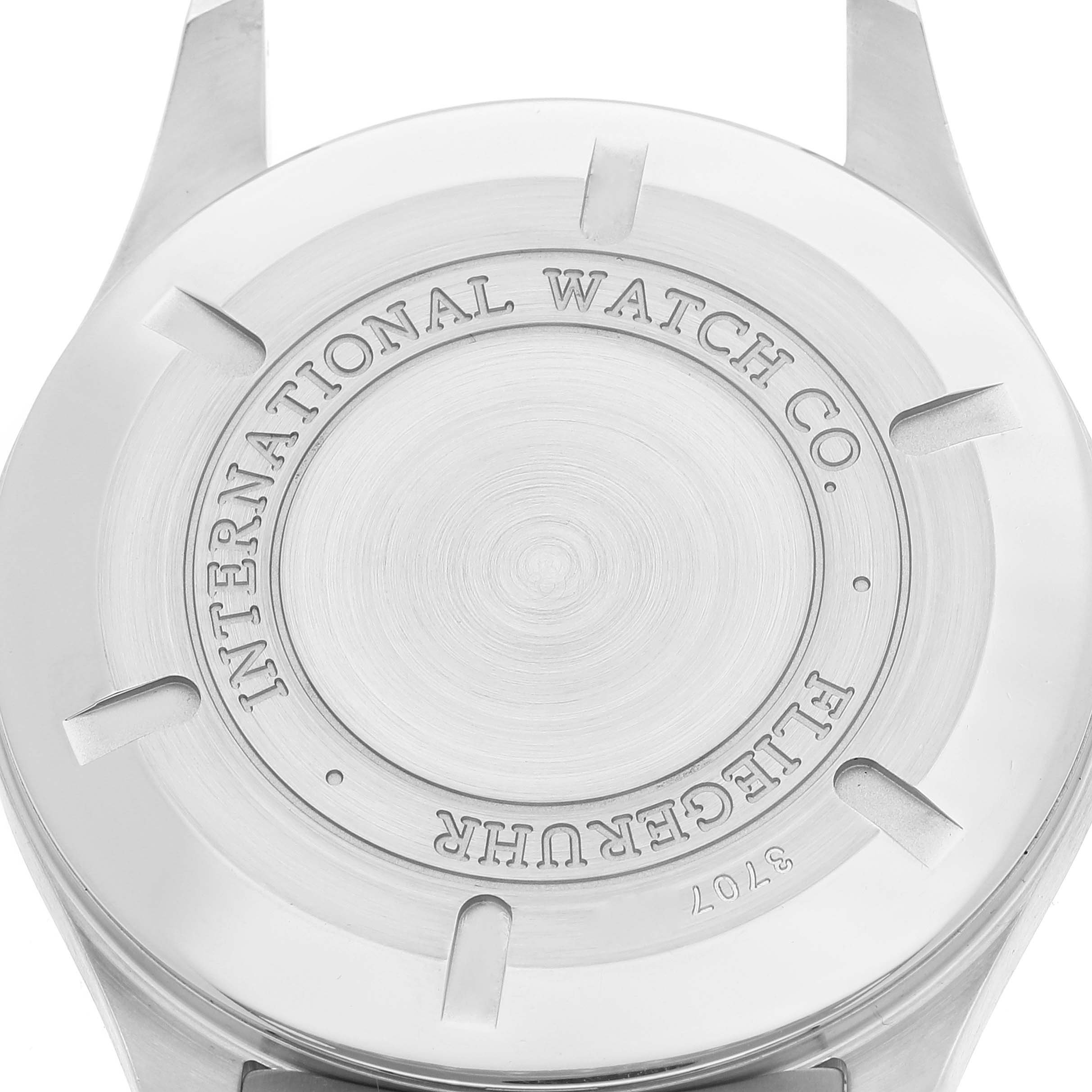 This image shows the back case of an IWC Pilot IW325504 Men
s Stainless Steel Black Dial IW325504 Men
s Stainless Steel Black Dial model watch.