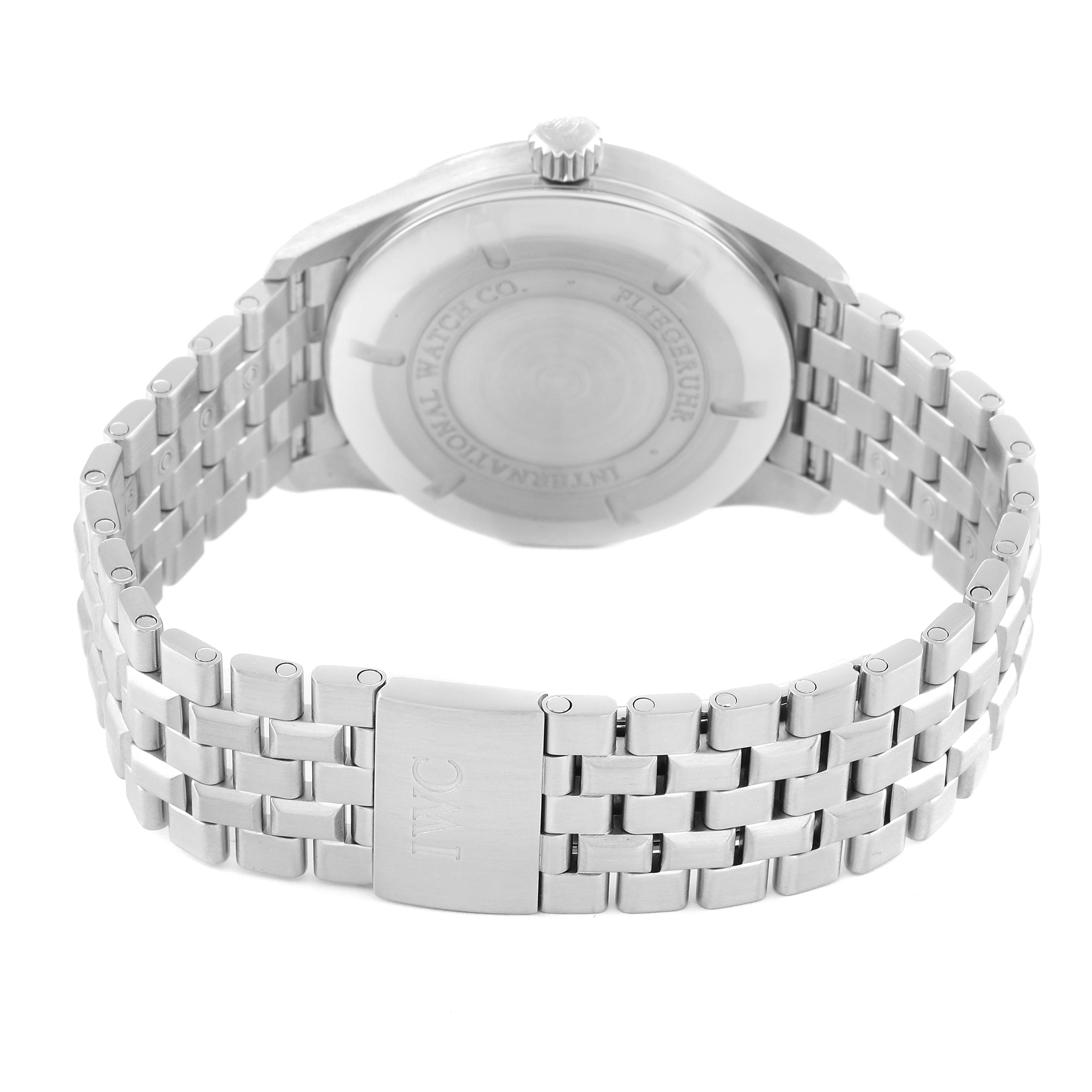 The image shows the back case and stainless steel bracelet of the IWC Pilot IW325504 Men
s Stainless Steel Black Dial IW325504 Men
s Stainless Steel Black Dial model watch.