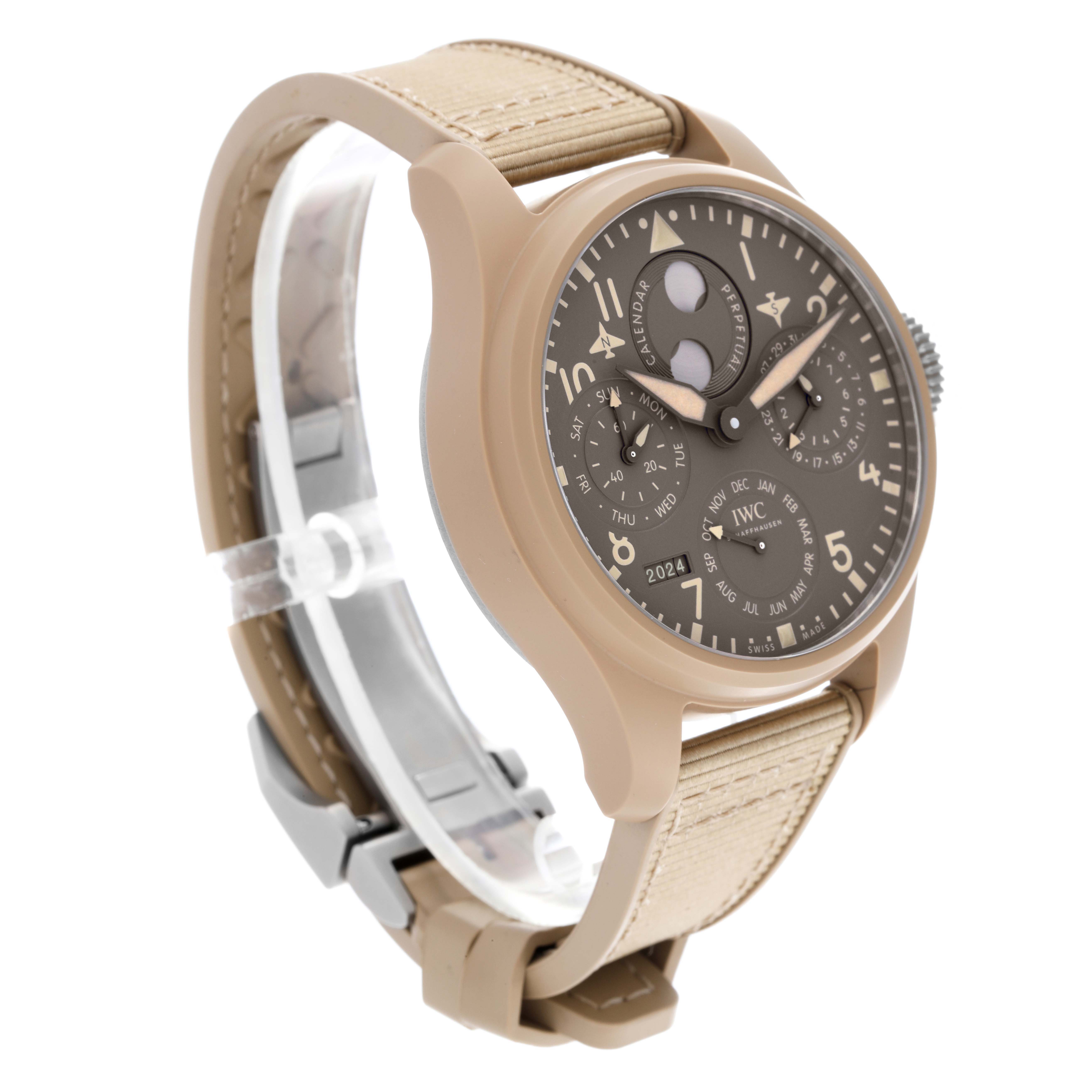 The IWC Pilot IW503004 Men's Ceramic Grey Dial IW503004 Men's Ceramic Grey Dial watch is shown at an angled side view, highlighting the dial, case, and beige strap.