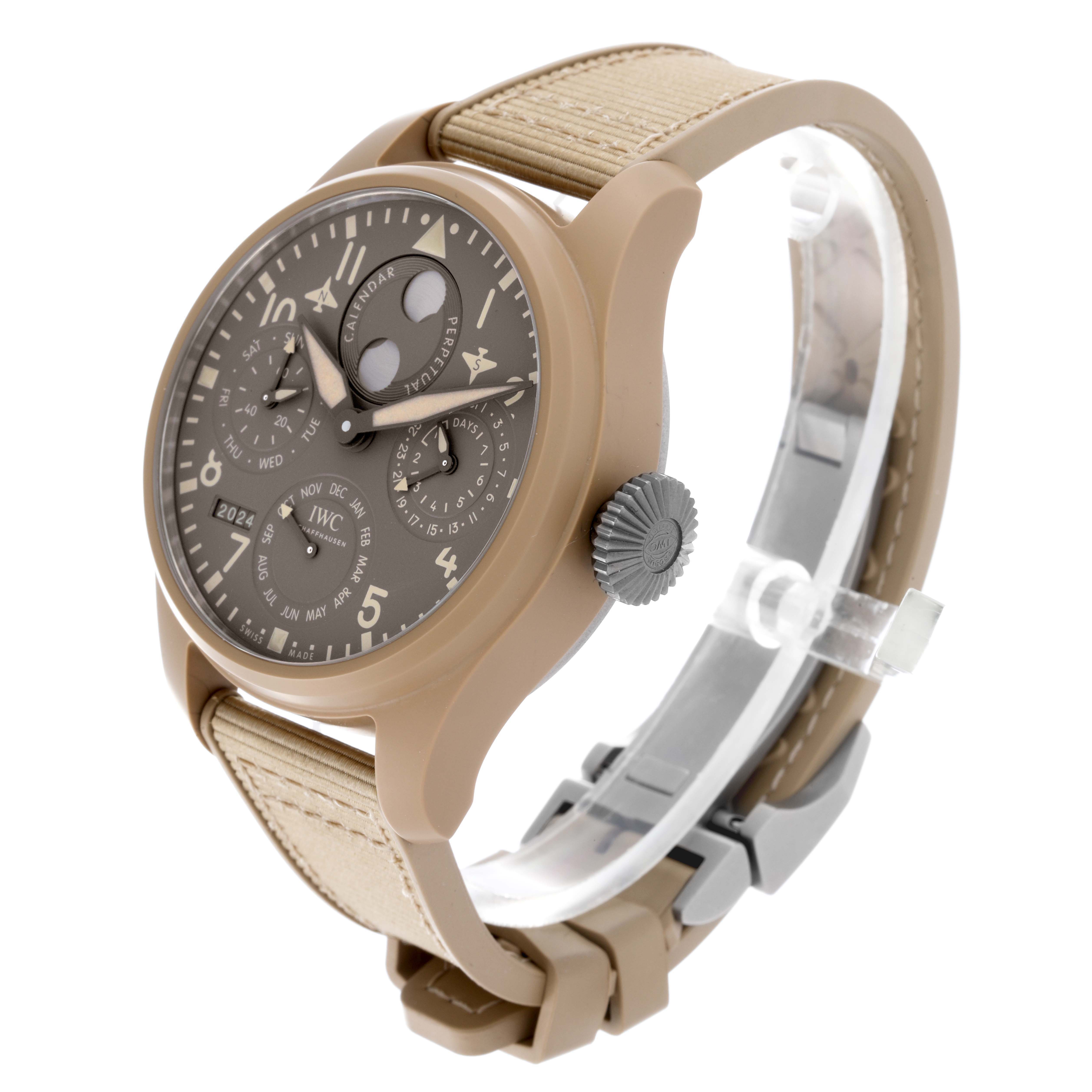 The IWC Pilot IW503004 Men's Ceramic Grey Dial IW503004 Men's Ceramic Grey Dial watch is shown at a side angle, displaying the dial, bezel, crown, and strap.