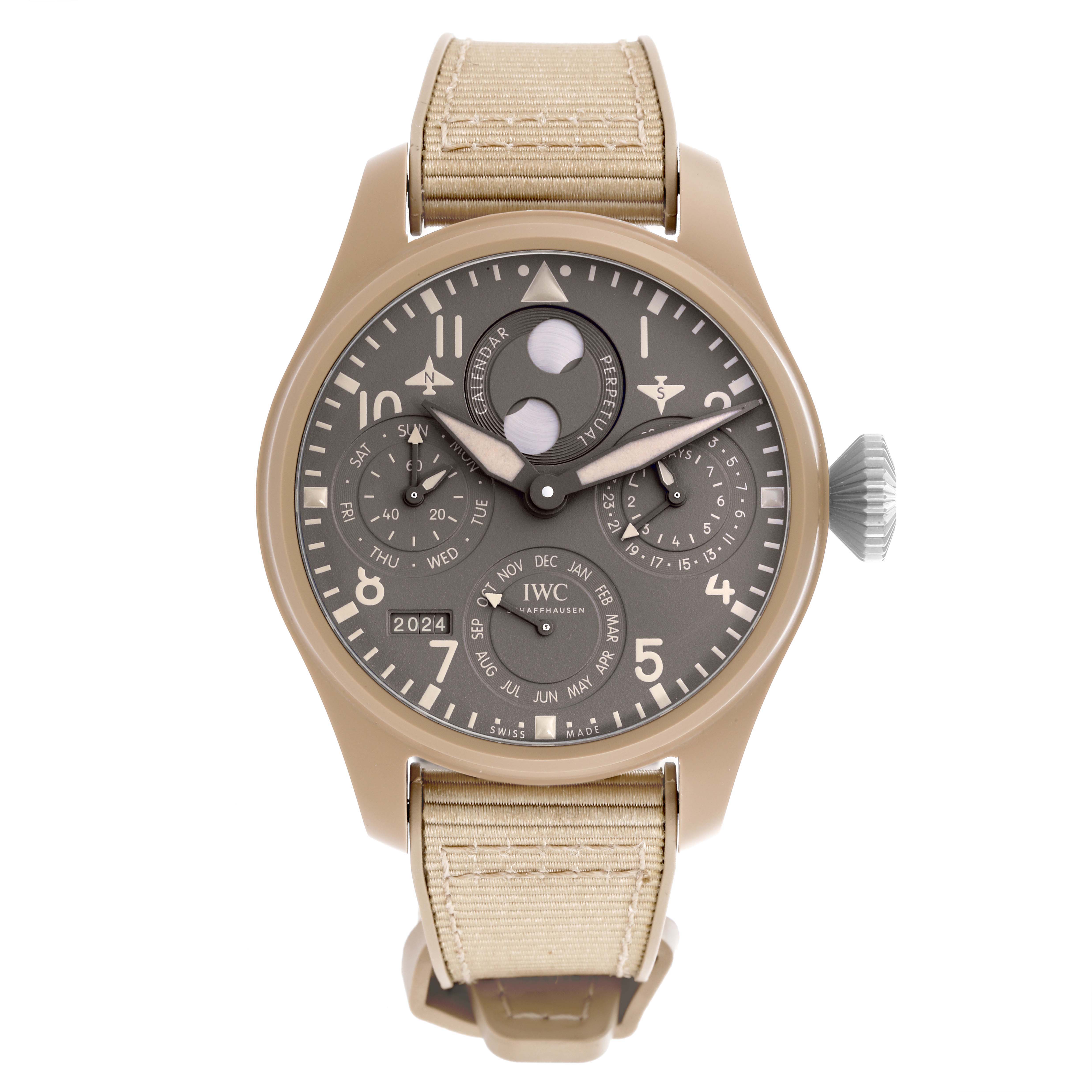 The IWC Pilot IW503004 Men's Ceramic Grey Dial IW503004 Men's Ceramic Grey Dial model is shown from the front, displaying its dial and beige strap.