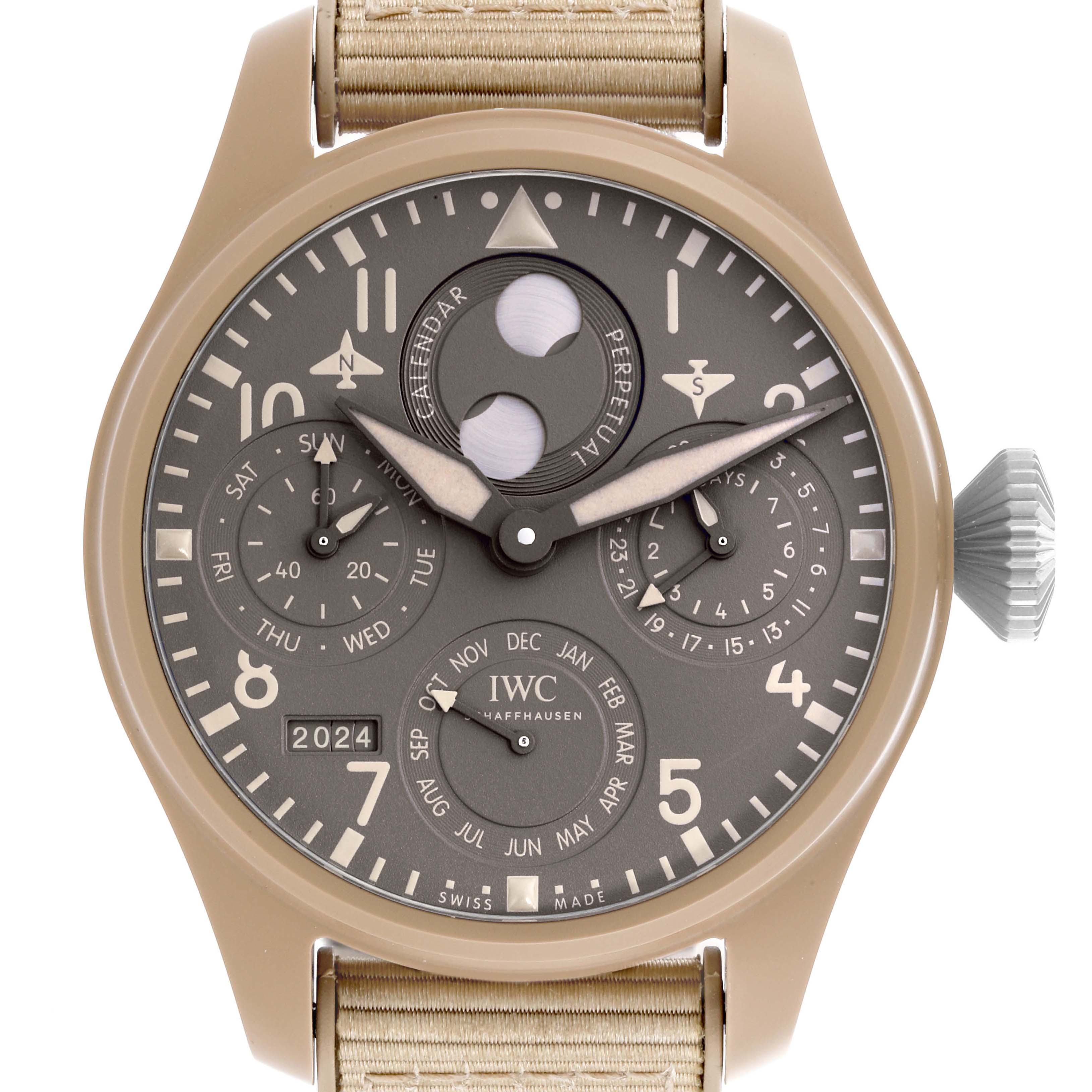 The IWC Pilot IW503004 Men's Ceramic Grey Dial IW503004 Men's Ceramic Grey Dial model watch is shown from the front, displaying the dial, hands, and calendar features.