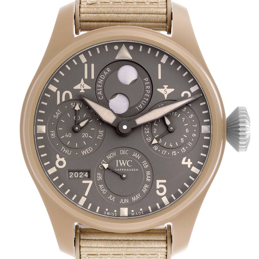 The IWC Pilot model watch is shown from the front, displaying the dial, hands, and calendar features.