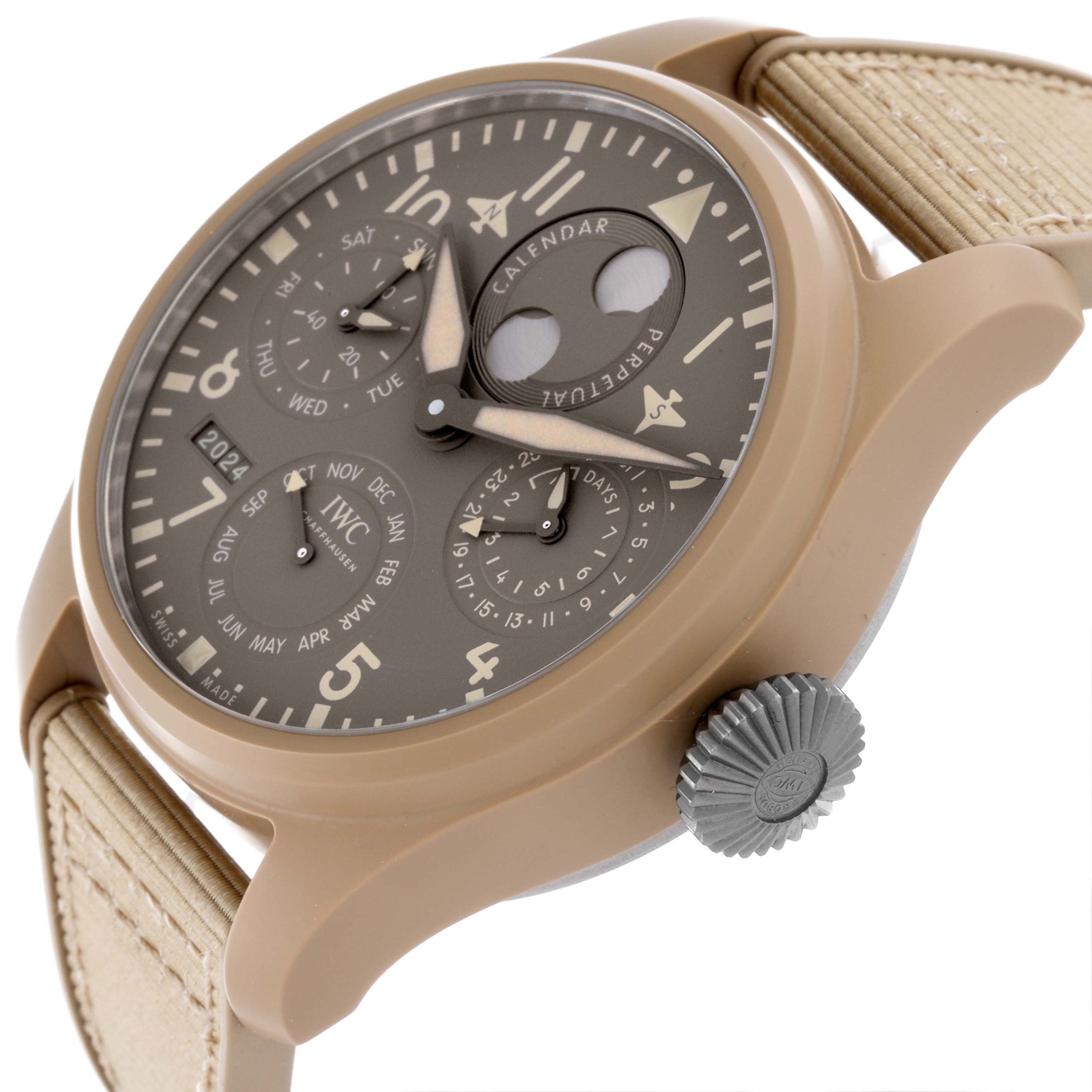 The IWC Pilot IW503004 Men's Ceramic Grey Dial IW503004 Men's Ceramic Grey Dial watch is shown from a three-quarter angle, displaying the dial, bezel, crown, and part of the strap.