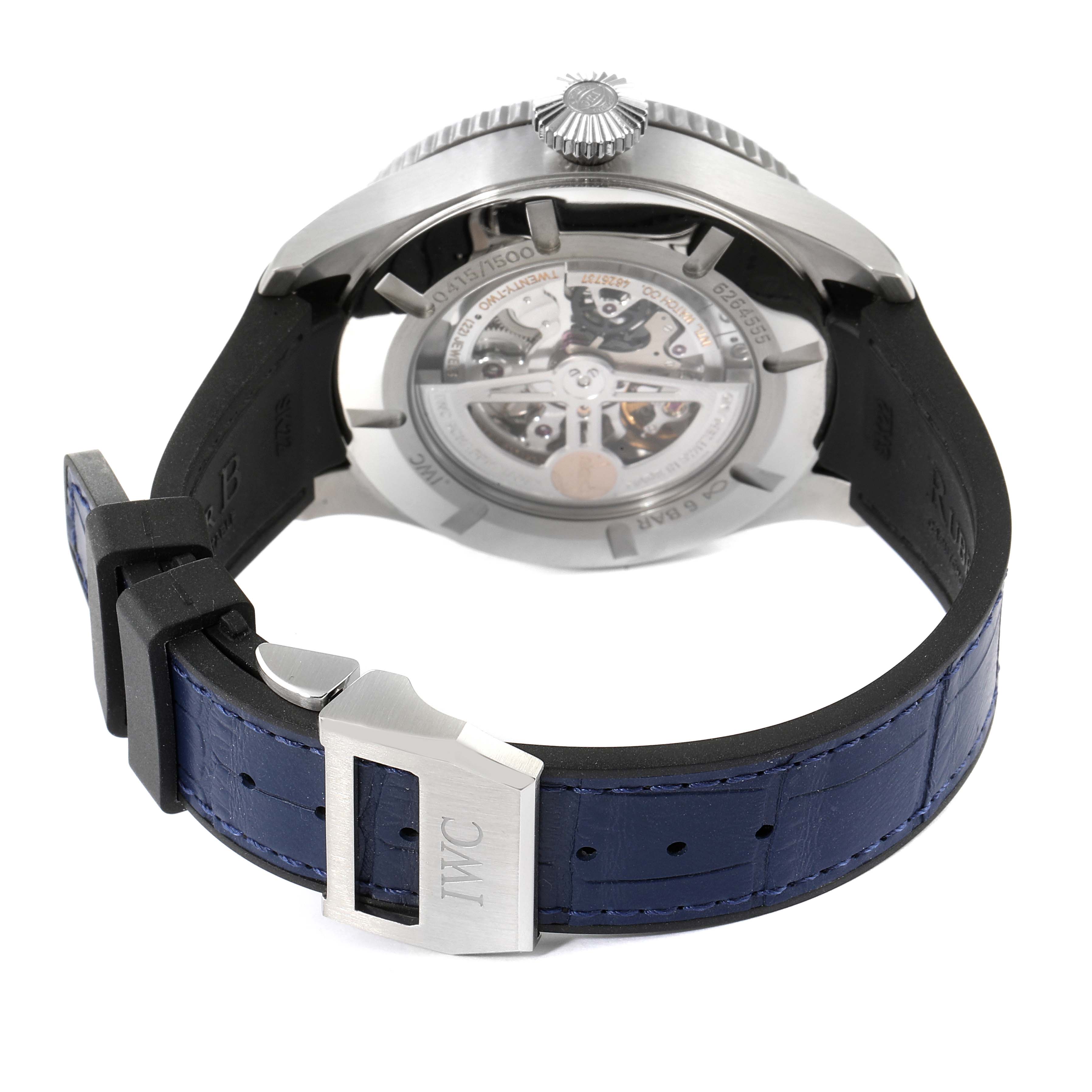 The image shows the back view of an IWC Pilot IW395503 Men's Stainless Steel Blue Dial IW395503 Men's Stainless Steel Blue Dial model watch, highlighting its transparent case back and blue leather strap.