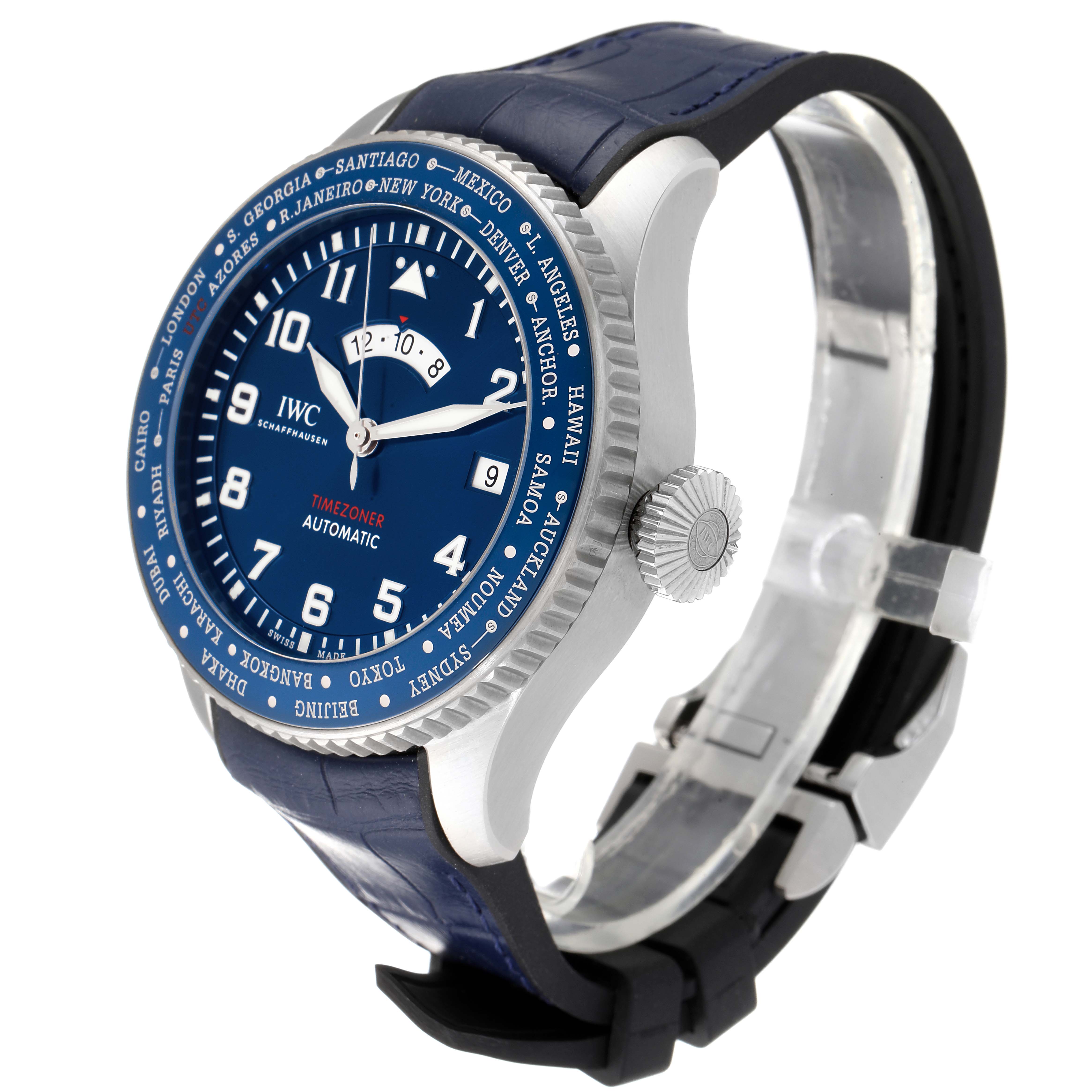 The IWC Pilot IW395503 Men's Stainless Steel Blue Dial IW395503 Men's Stainless Steel Blue Dial model watch is shown at a slight angle, displaying the face, bezel, crown, and part of the strap.