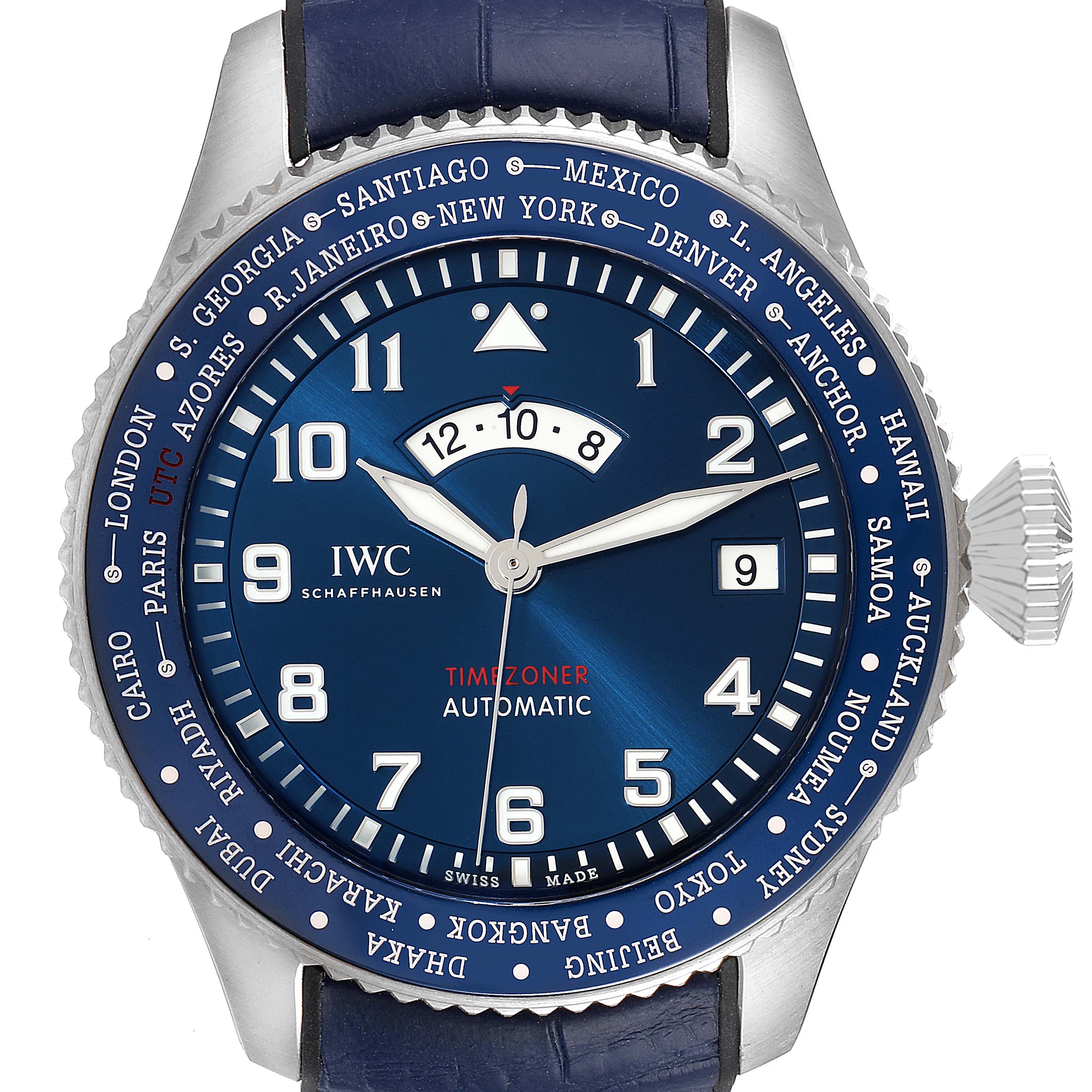 The image shows a front view of the IWC Pilot IW395503 Men's Stainless Steel Blue Dial IW395503 Men's Stainless Steel Blue Dial model watch, displaying the dial, hour markers, hands, bezel, and crown.